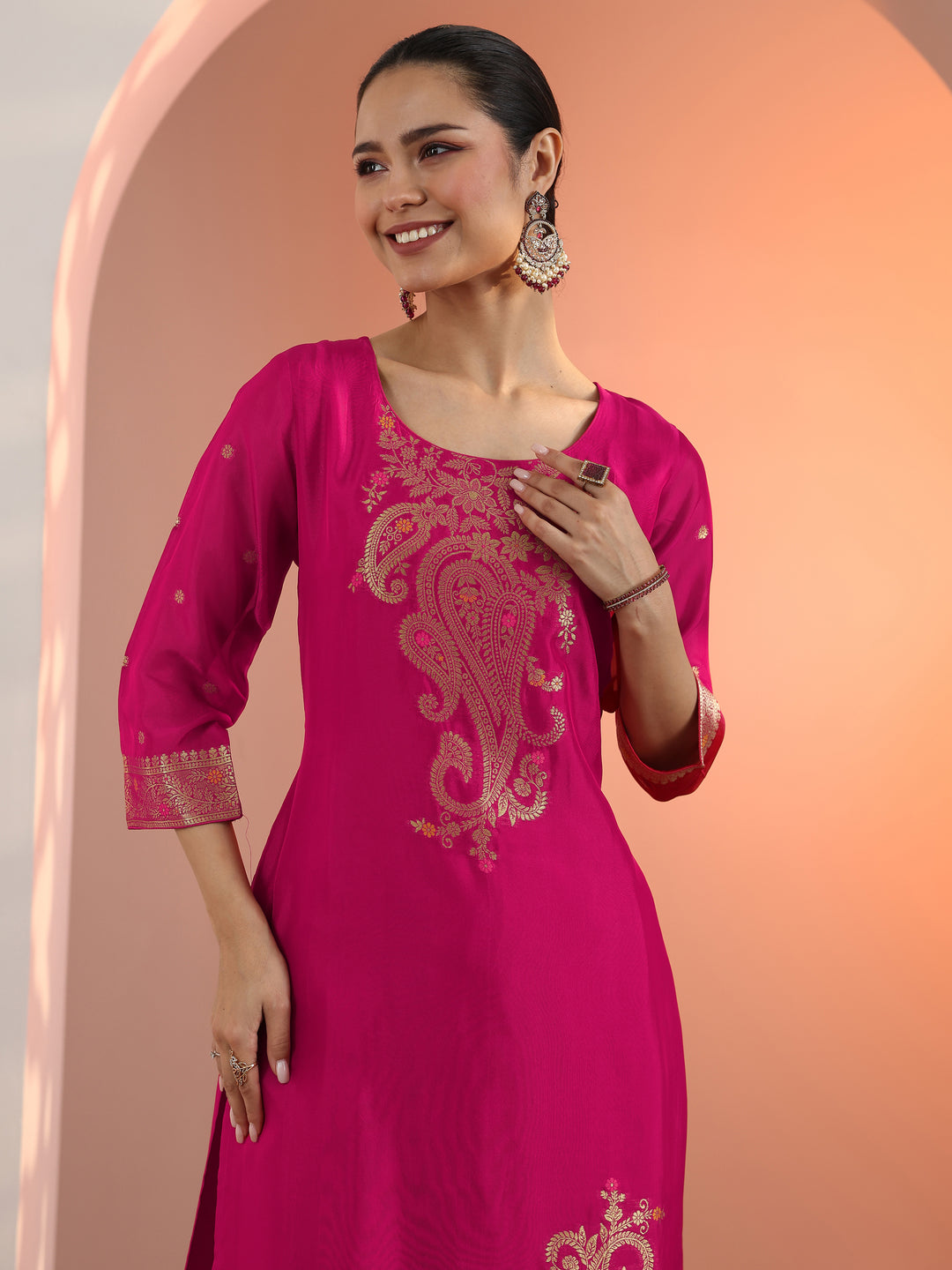  Pink Woven Design Silk Blend Straight Suit Set With Dupatta 