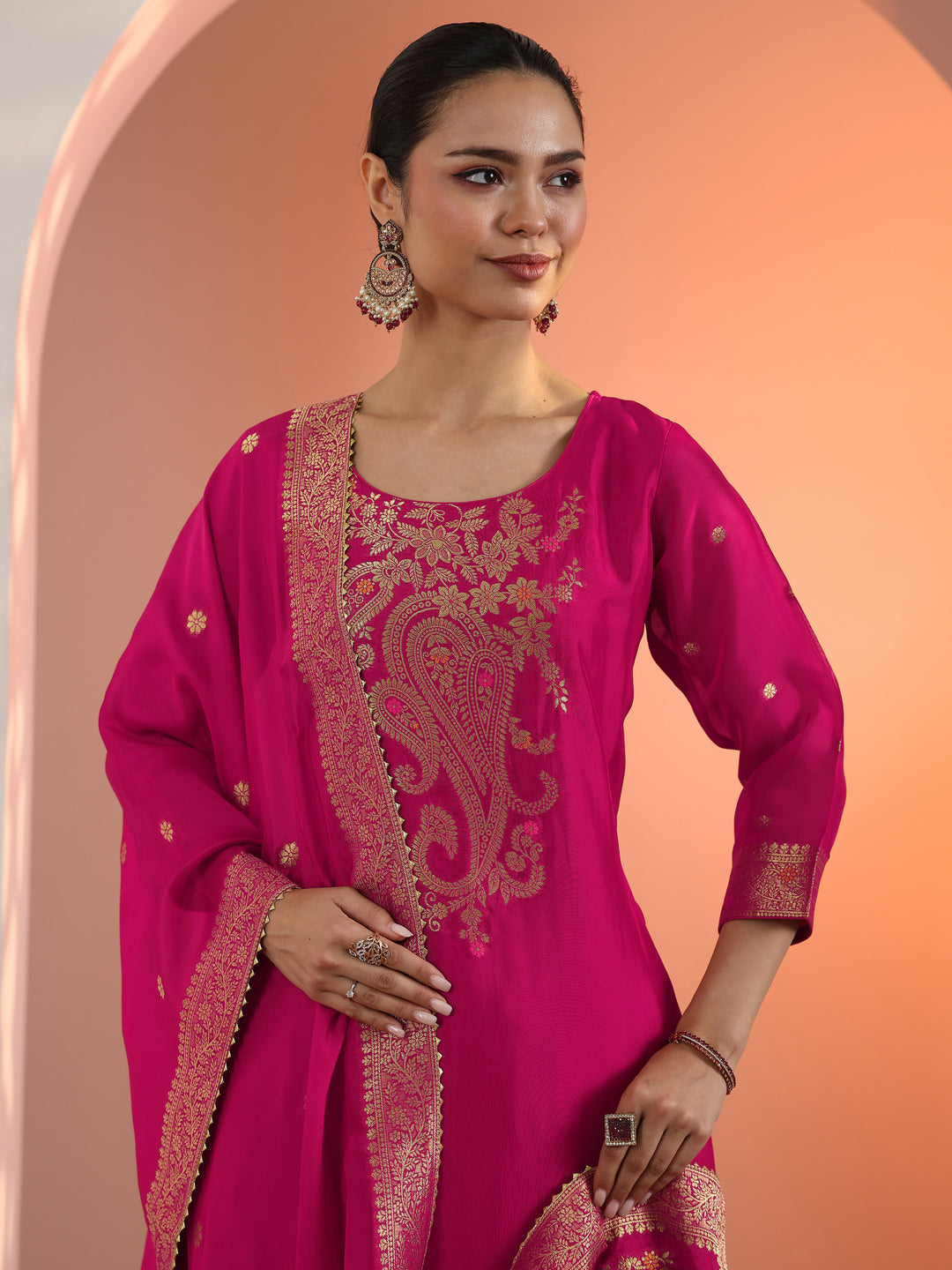  Pink Woven Design Silk Blend Straight Suit Set With Dupatta 