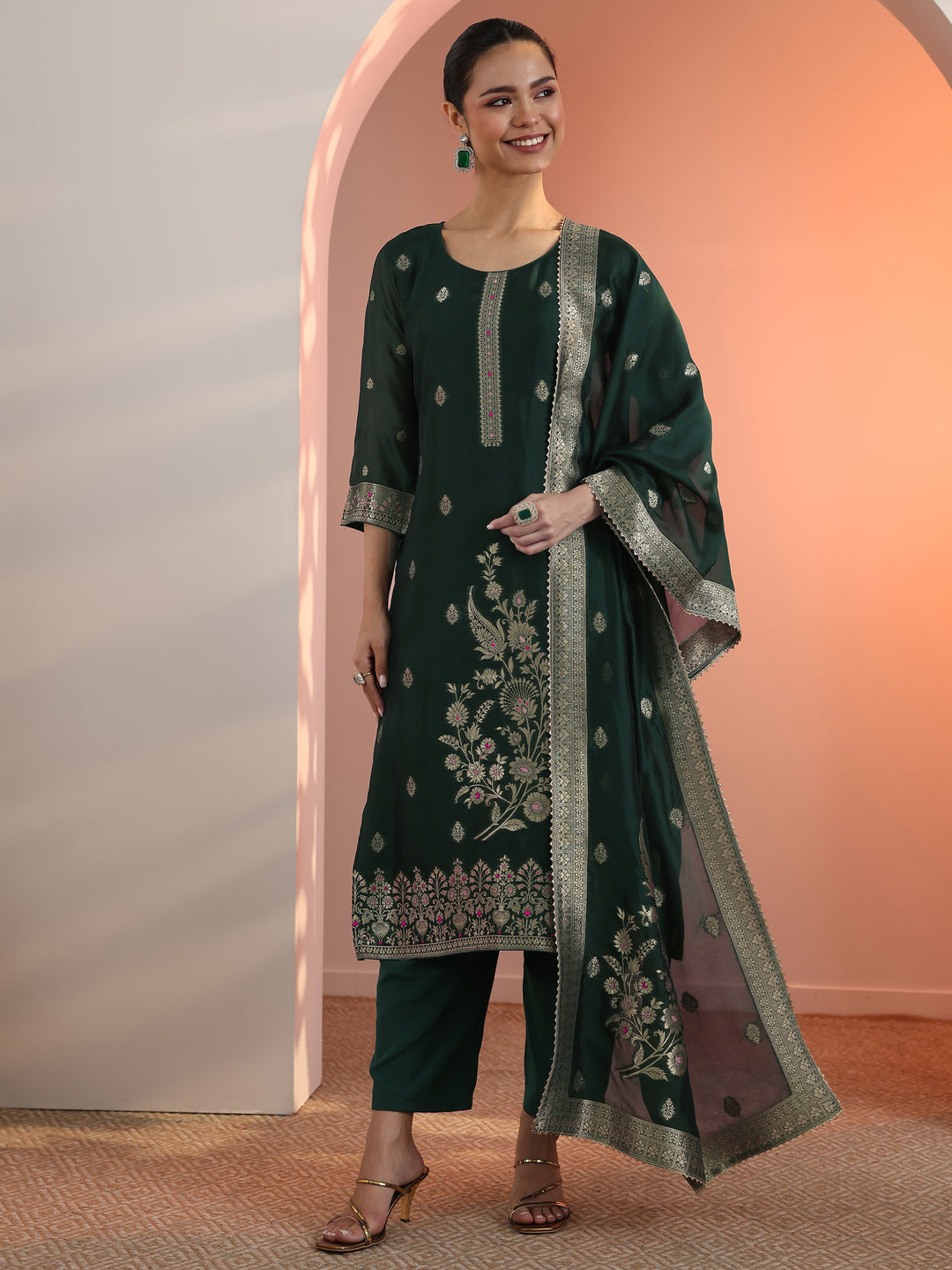  Green Woven Design Silk Blend Straight Suit Set With Dupatta 