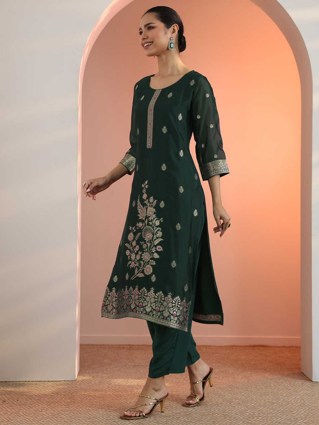  Green Woven Design Silk Blend Straight Suit Set With Dupatta 
