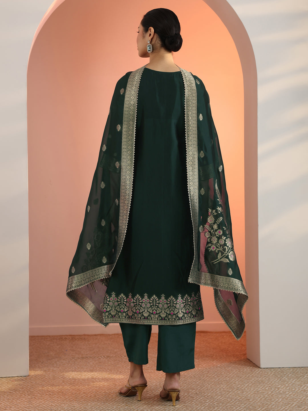  Green Woven Design Silk Blend Straight Suit Set With Dupatta 