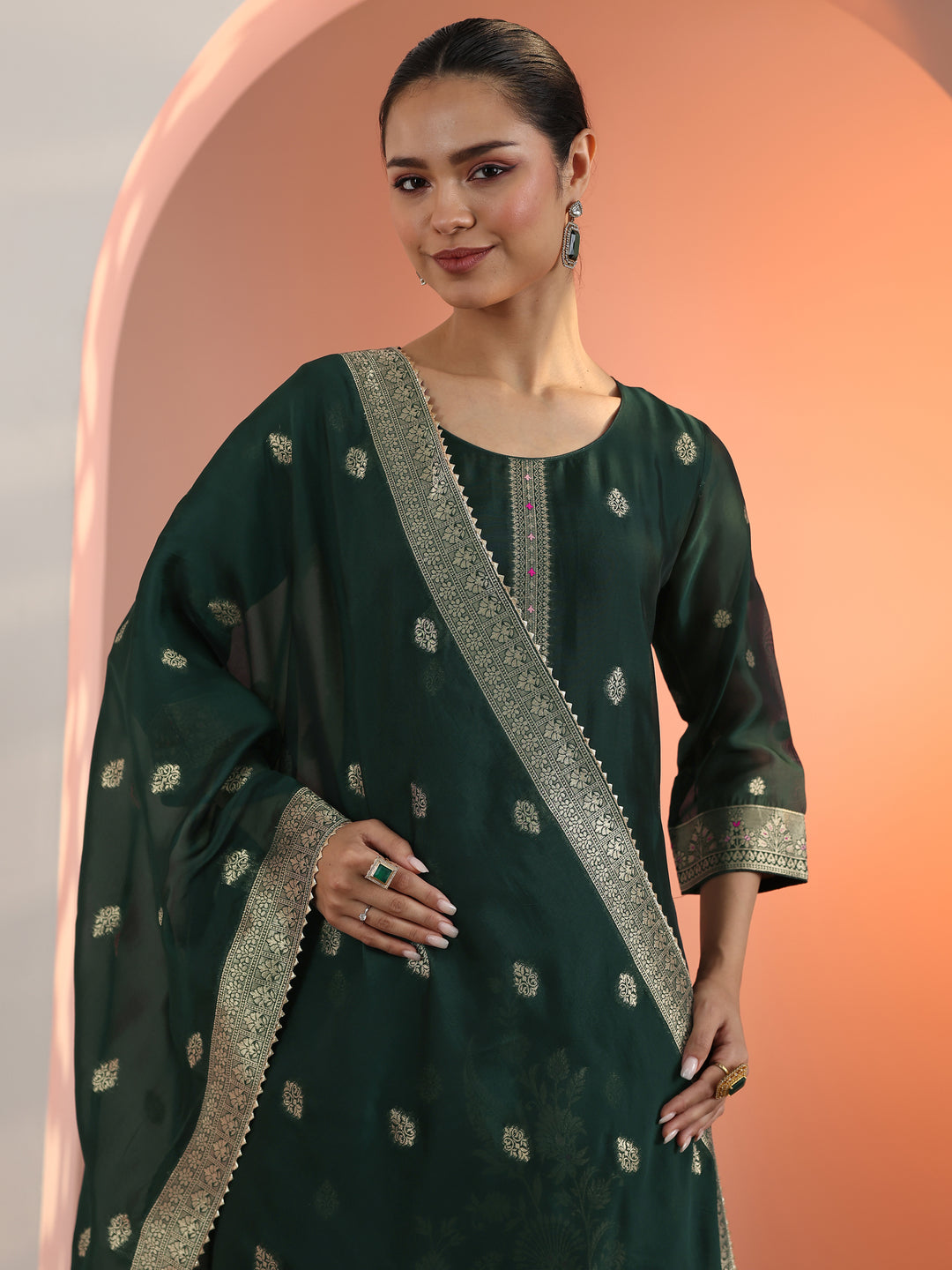  Green Woven Design Silk Blend Straight Suit Set With Dupatta 