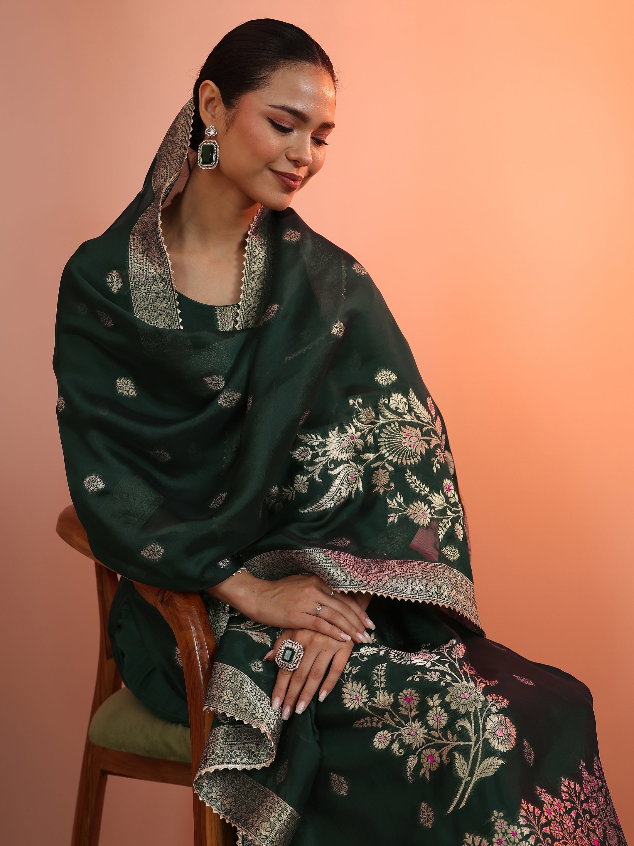 libas Green Woven Design Silk Blend Straight Suit Set With Dupatta-picture-42