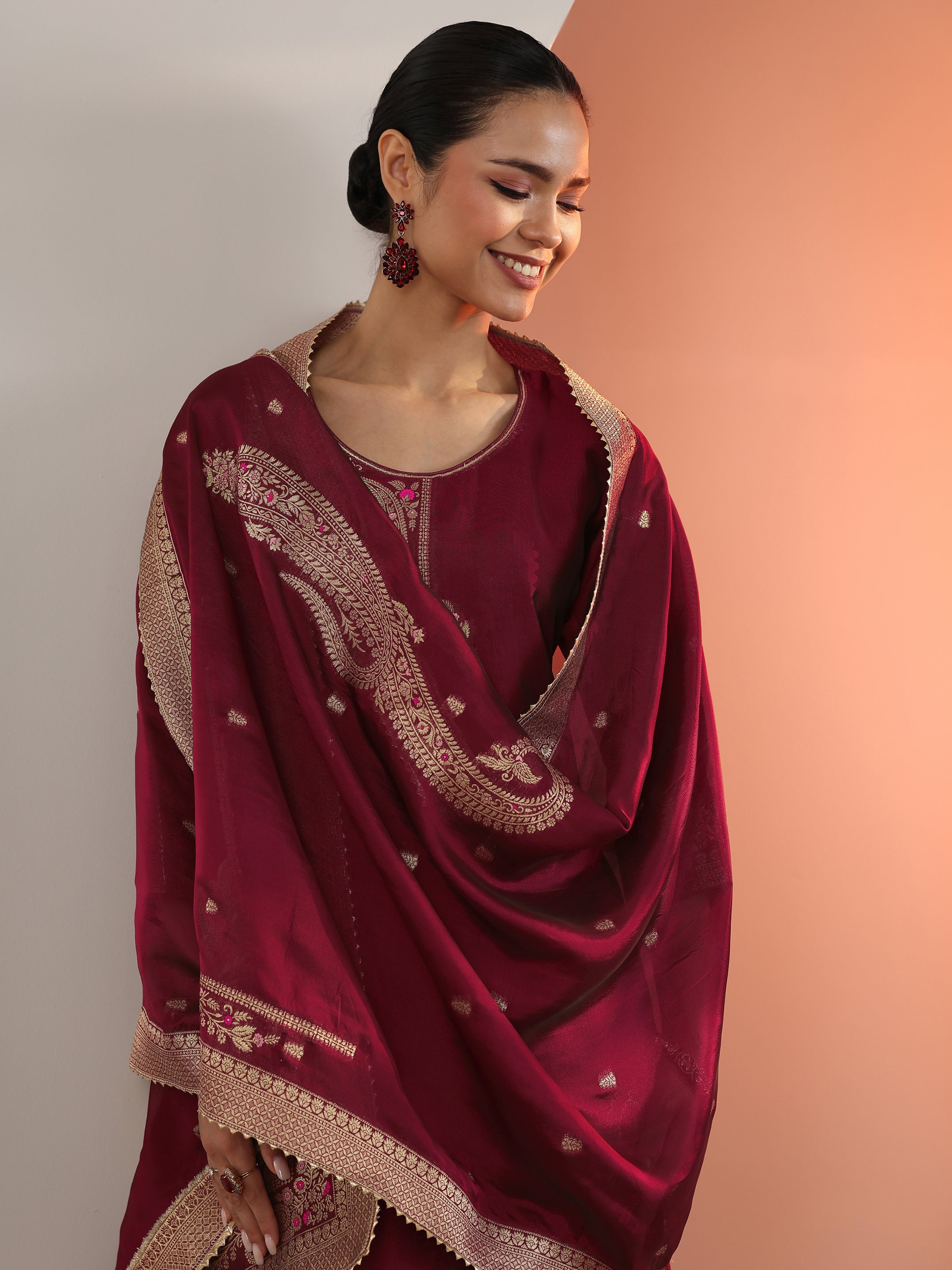 libas Maroon Woven Design Silk Blend Straight Suit Set With Dupatta-picture-51