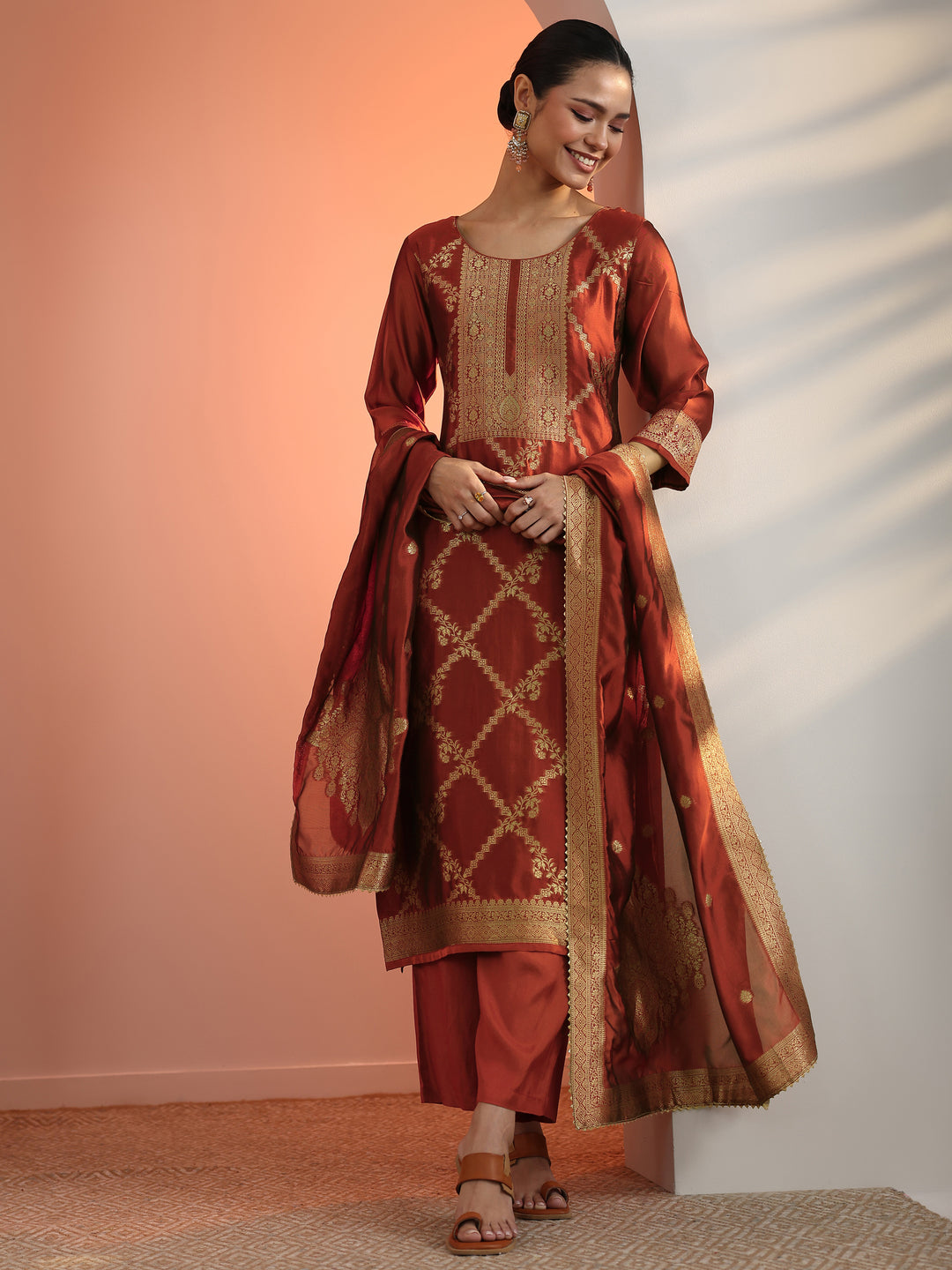  Rust Woven Design Silk Blend Straight Suit Set With Dupatta 
