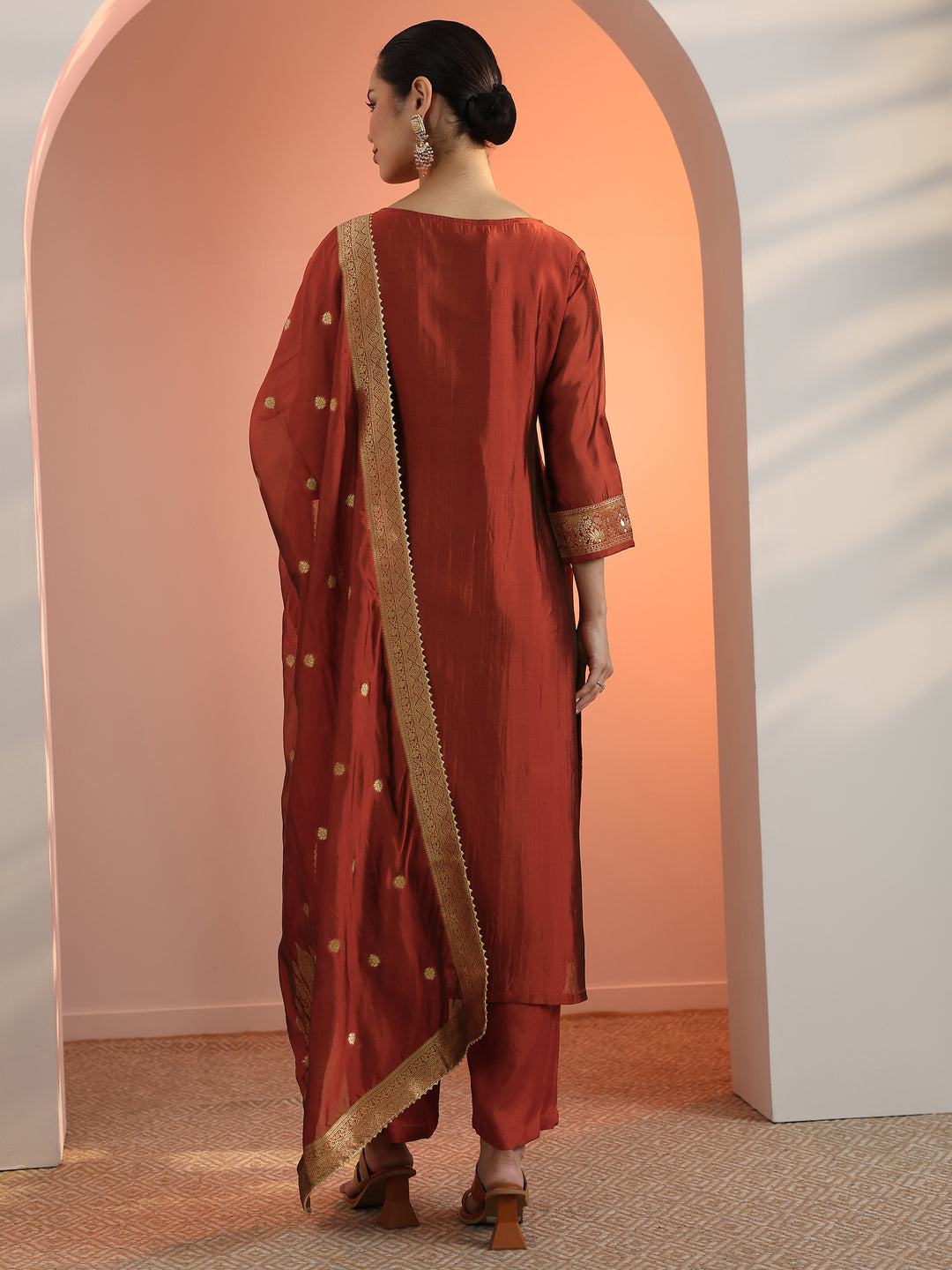  Rust Woven Design Silk Blend Straight Suit Set With Dupatta 