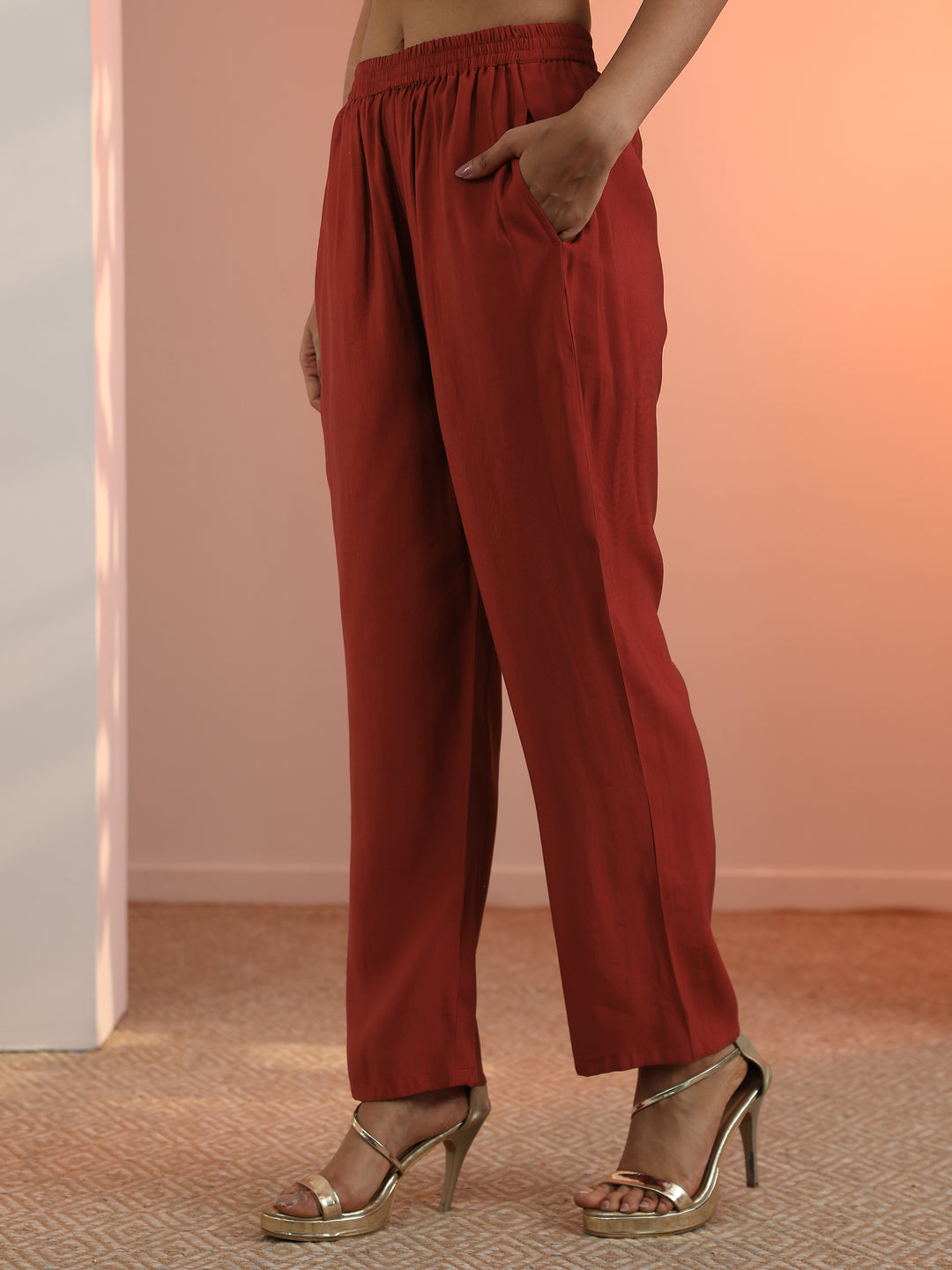  Rust Woven Design Silk Blend Straight Suit Set With Dupatta 