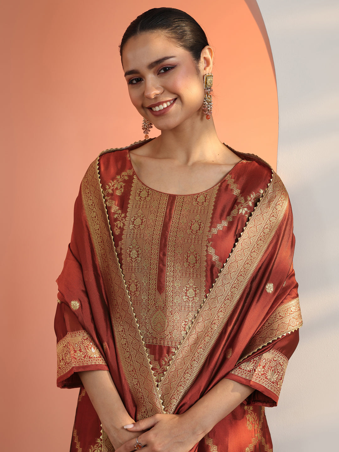 Rust Woven Design Silk Blend Straight Suit Set With Dupatta