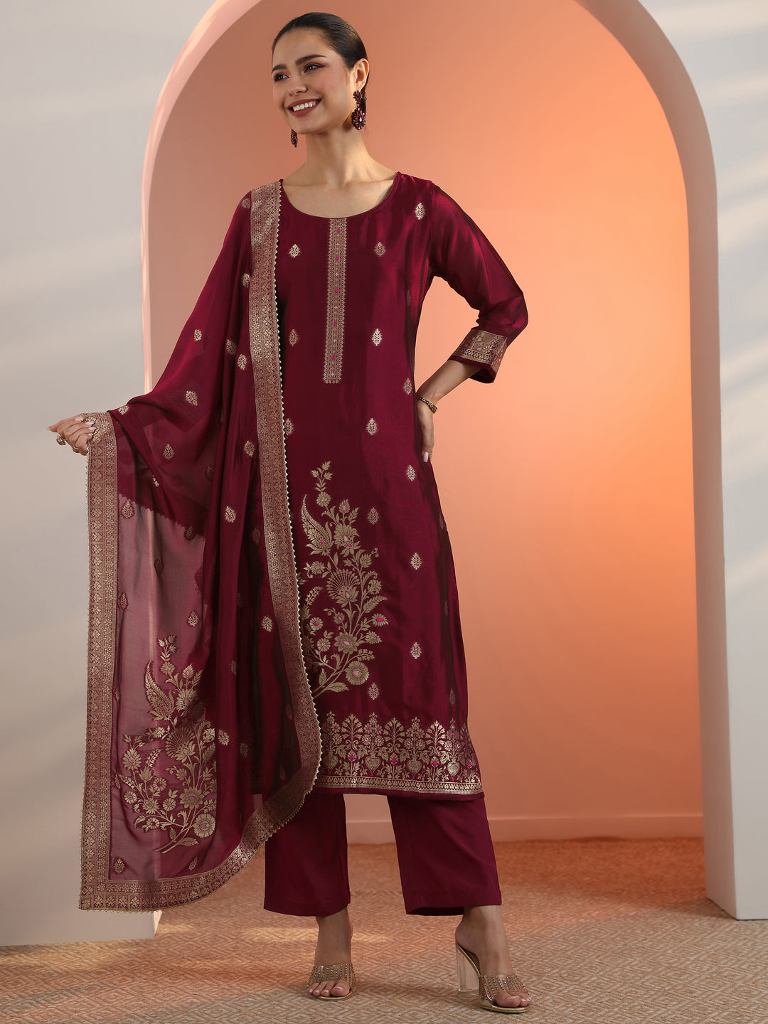  Maroon Woven Design Silk Blend Straight Suit Set With Dupatta 