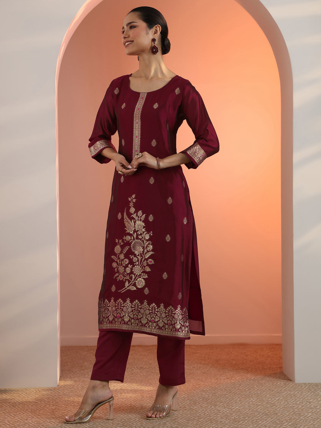  Maroon Woven Design Silk Blend Straight Suit Set With Dupatta 