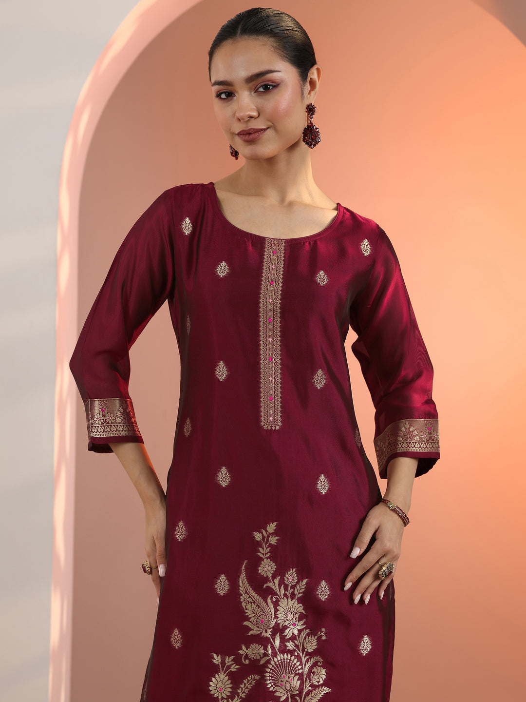 Maroon Woven Design Silk Blend Straight Suit Set With Dupatta 
