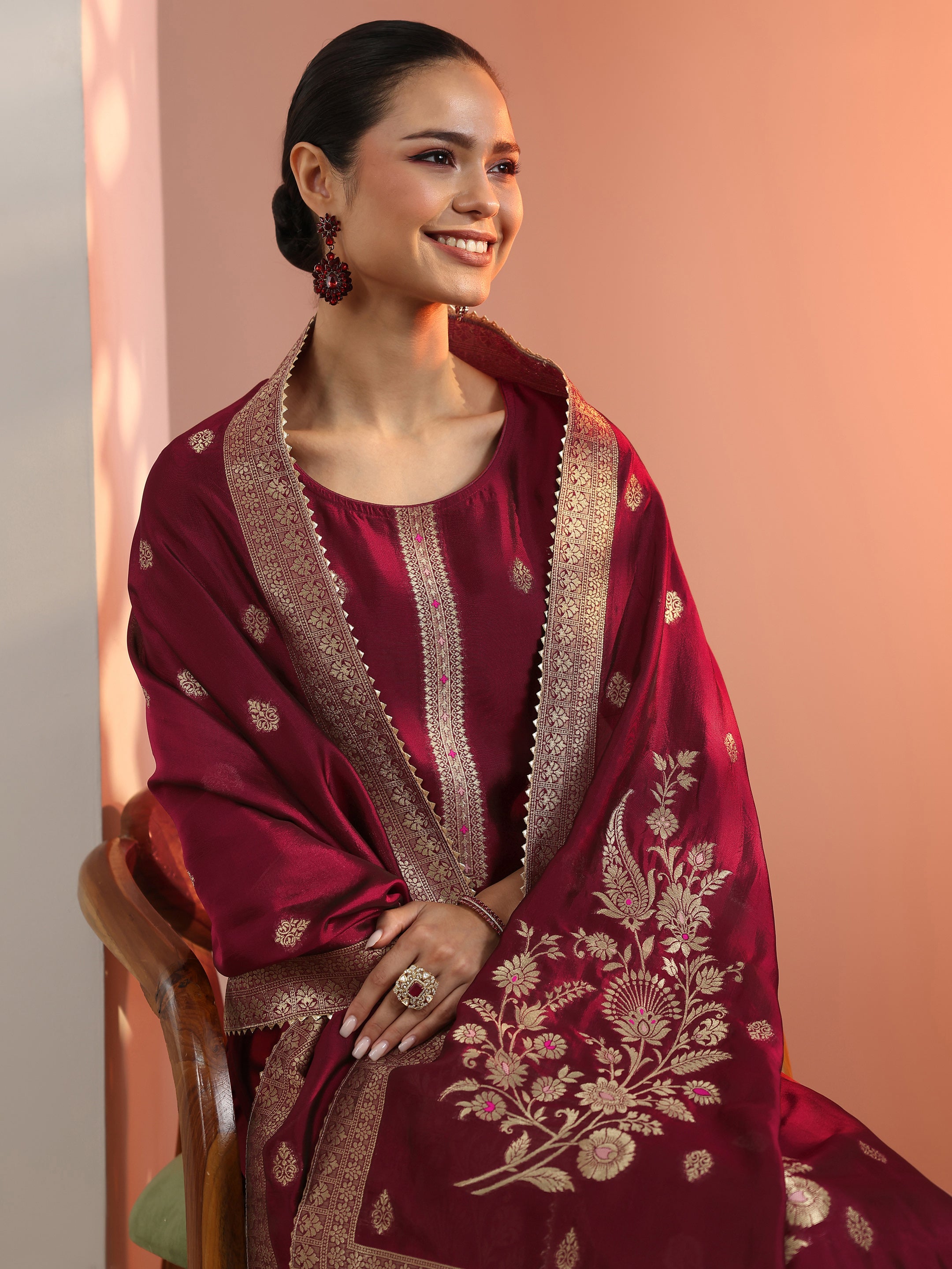 libas Maroon Woven Design Silk Blend Straight Suit Set With Dupatta-picture-43