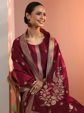 Libas Maroon Woven Design Silk Blend Straight Suit Set With Dupatta