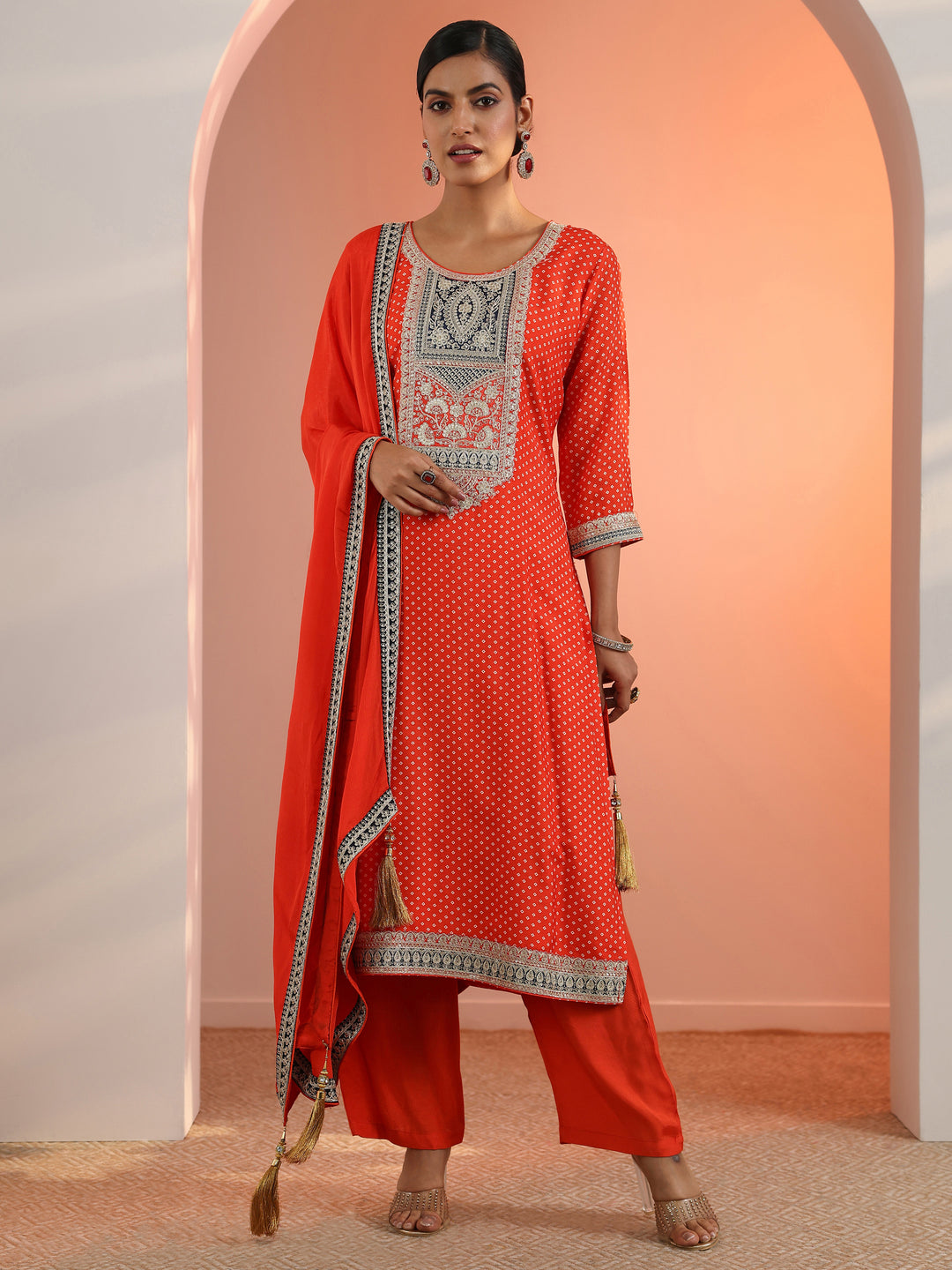 Orange Printed Silk Blend Straight Suit Set With Dupatta 