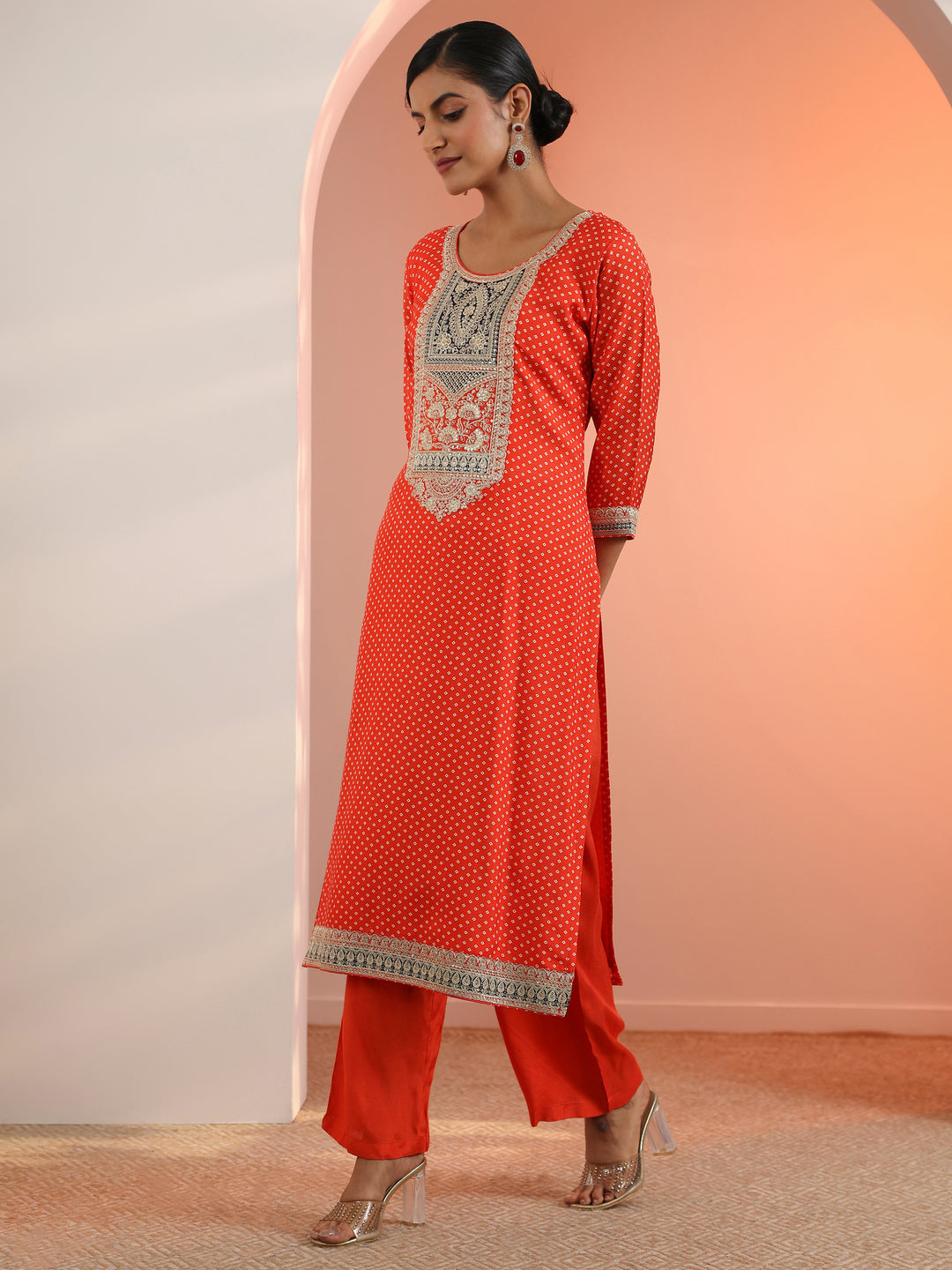  Orange Printed Silk Blend Straight Suit Set With Dupatta 