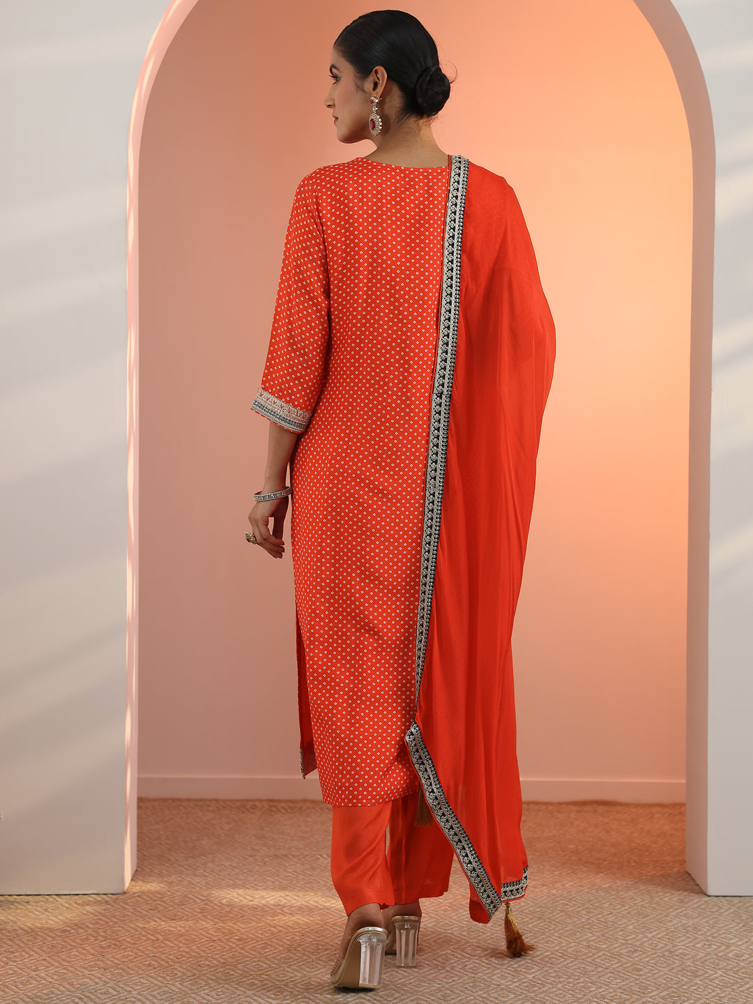  Orange Printed Silk Blend Straight Suit Set With Dupatta 