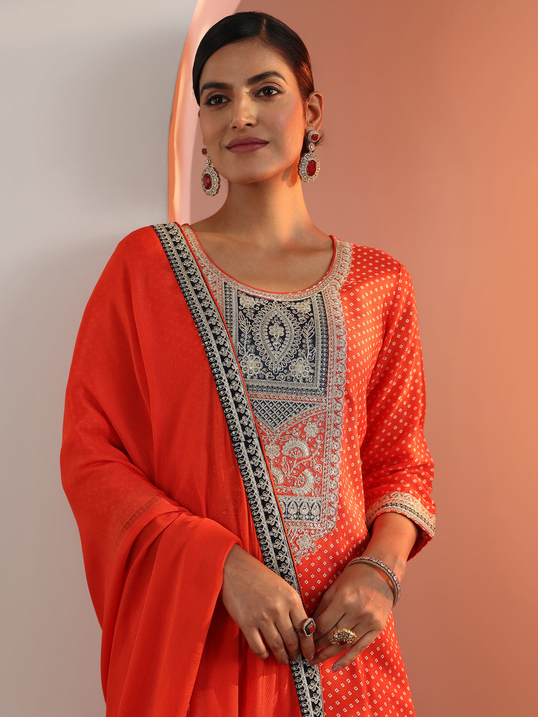 Orange Printed Silk Blend Straight Suit Set With Dupatta