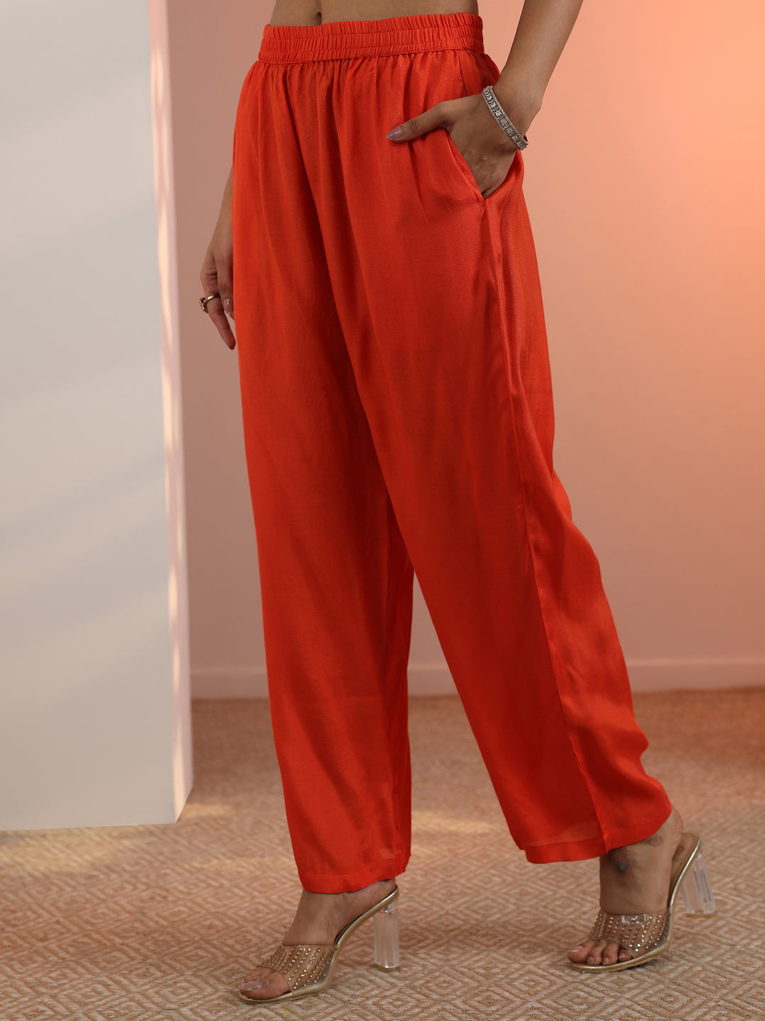  Orange Printed Silk Blend Straight Suit Set With Dupatta 