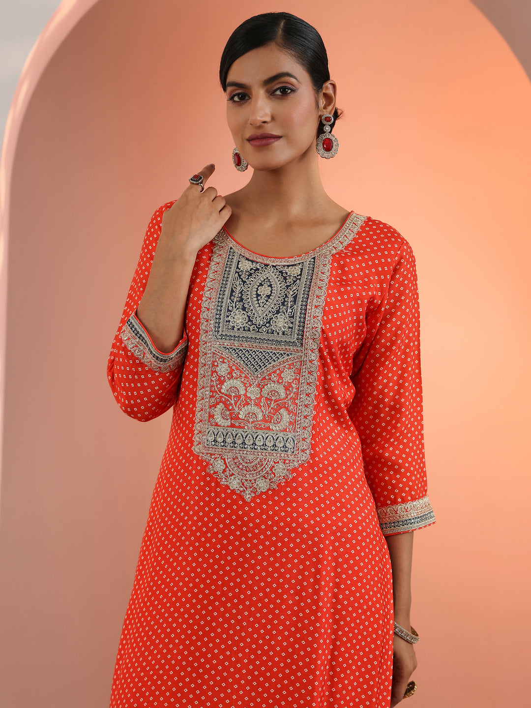  Orange Printed Silk Blend Straight Suit Set With Dupatta 