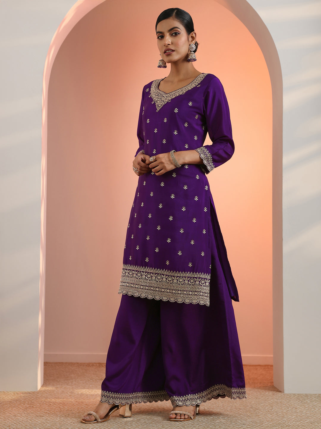  Purple Embroidered Chinon Straight Suit Set With Dupatta 
