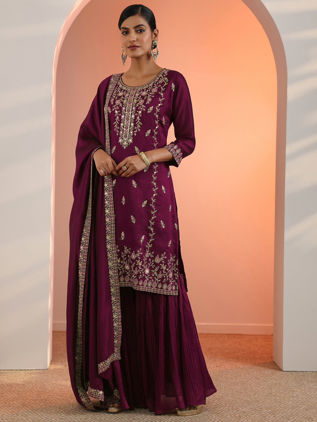  Burgundy Embroidered Chinon Straight Suit Set With Dupatta 