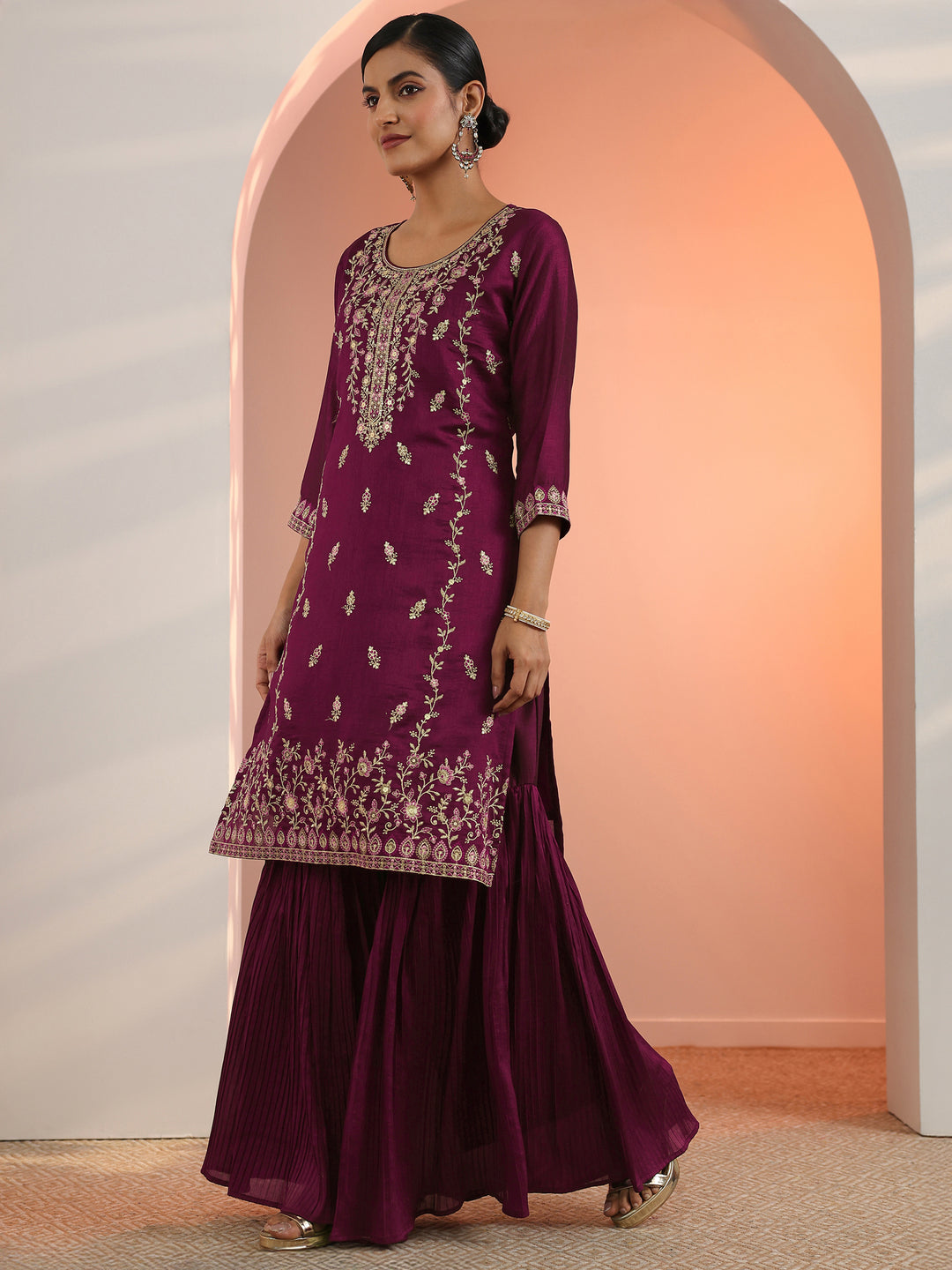  Burgundy Embroidered Chinon Straight Suit Set With Dupatta 