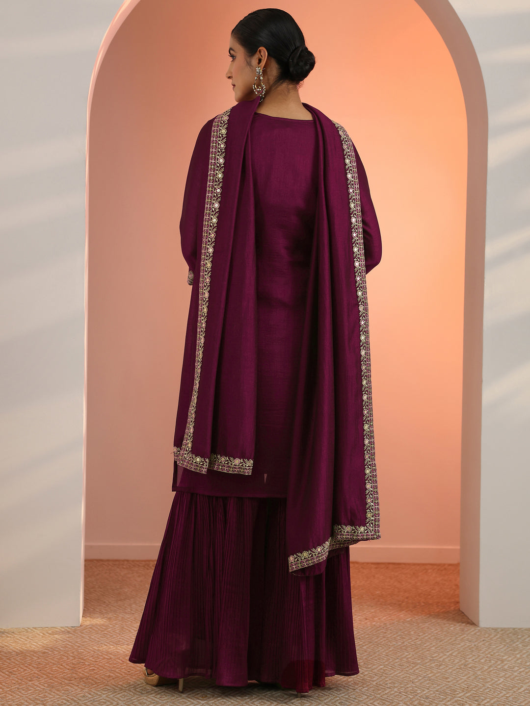  Burgundy Embroidered Chinon Straight Suit Set With Dupatta 