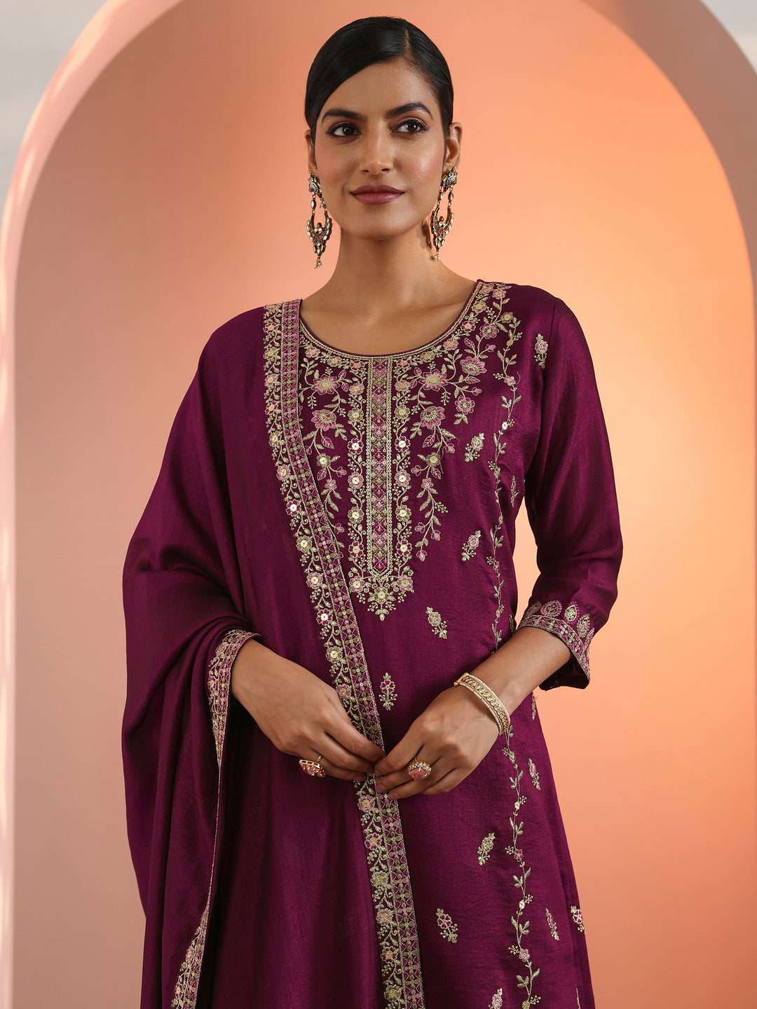  Burgundy Embroidered Chinon Straight Suit Set With Dupatta 