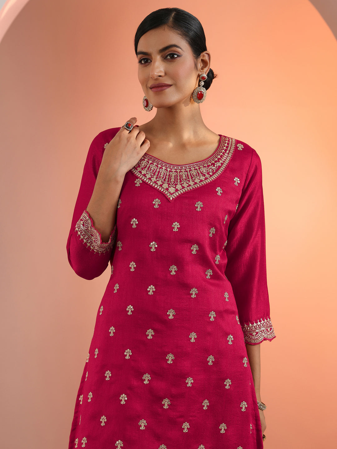  Red Embroidered Chinon Straight Suit Set With Dupatta 