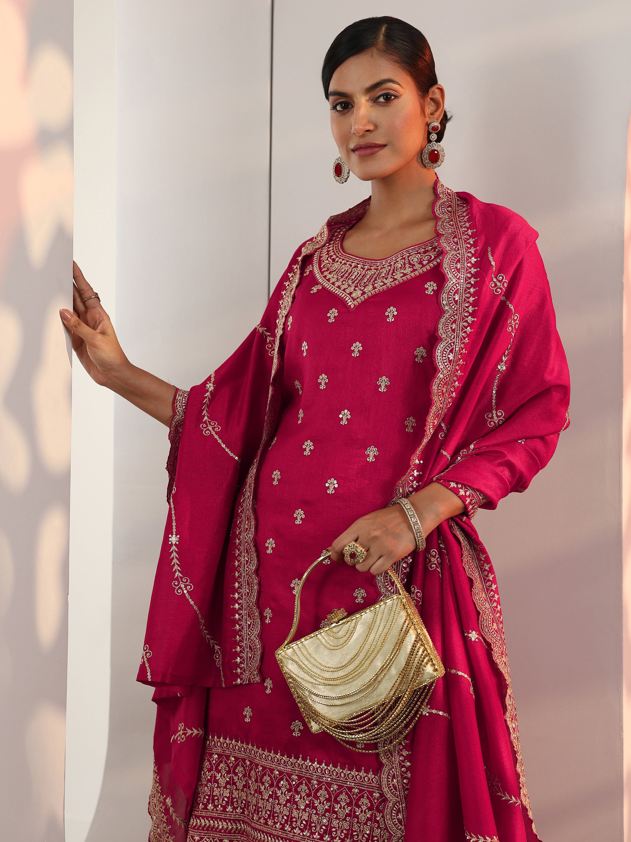 libas Red Embroidered Chinon Straight Suit Set With Dupatta-picture-36