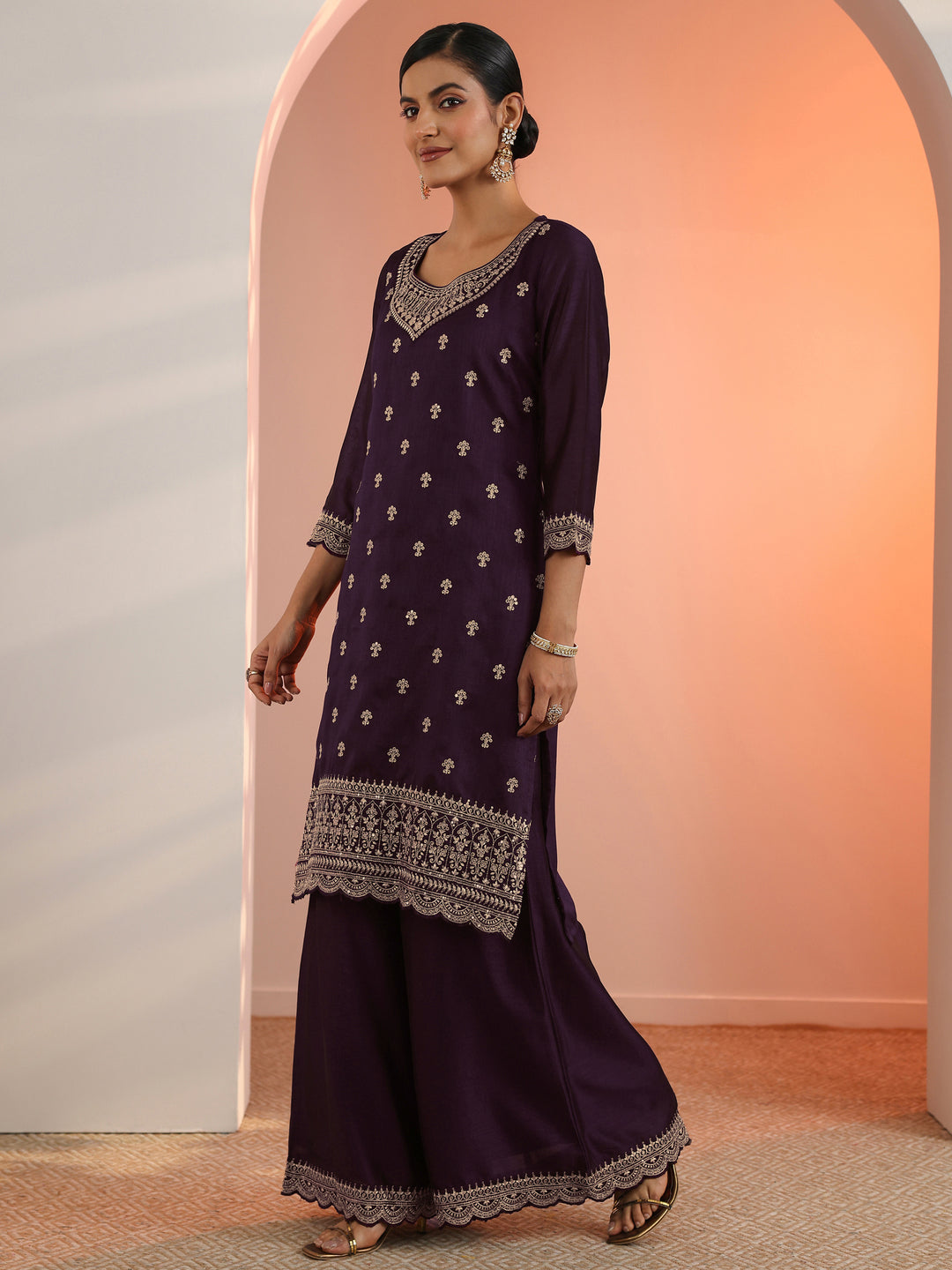  Purple Embroidered Chinon Straight Suit Set With Dupatta 