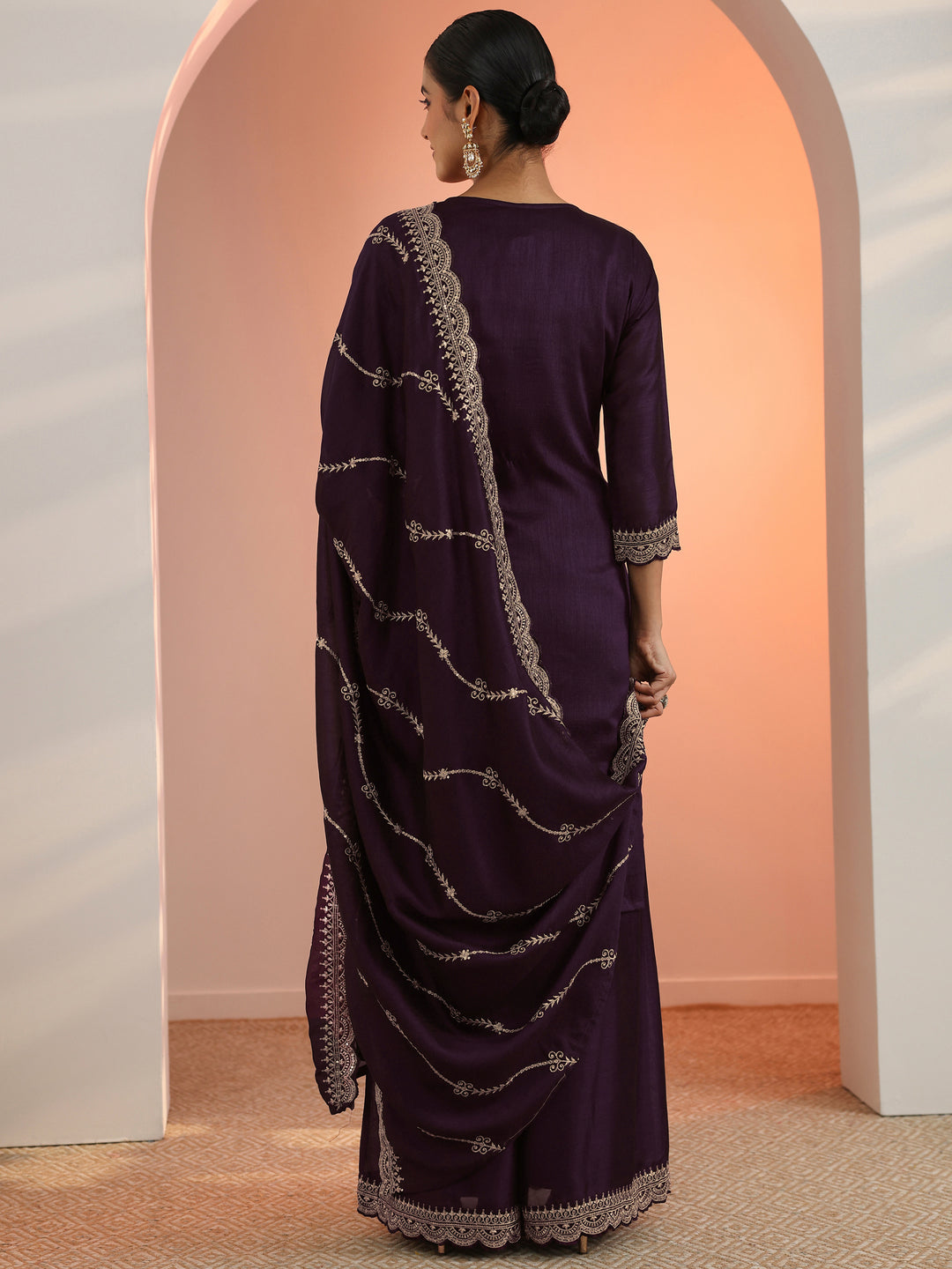  Purple Embroidered Chinon Straight Suit Set With Dupatta 
