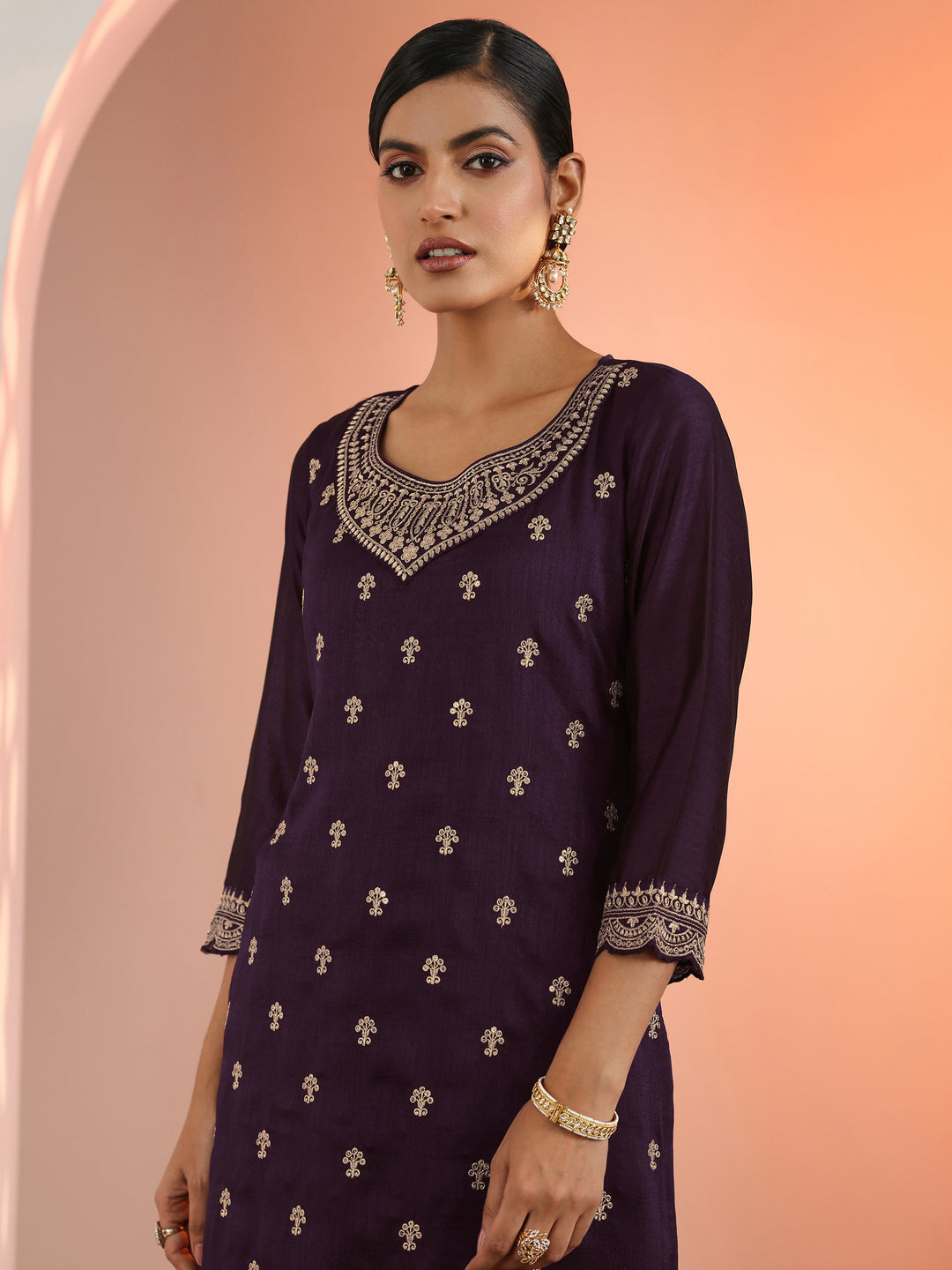  Purple Embroidered Chinon Straight Suit Set With Dupatta 