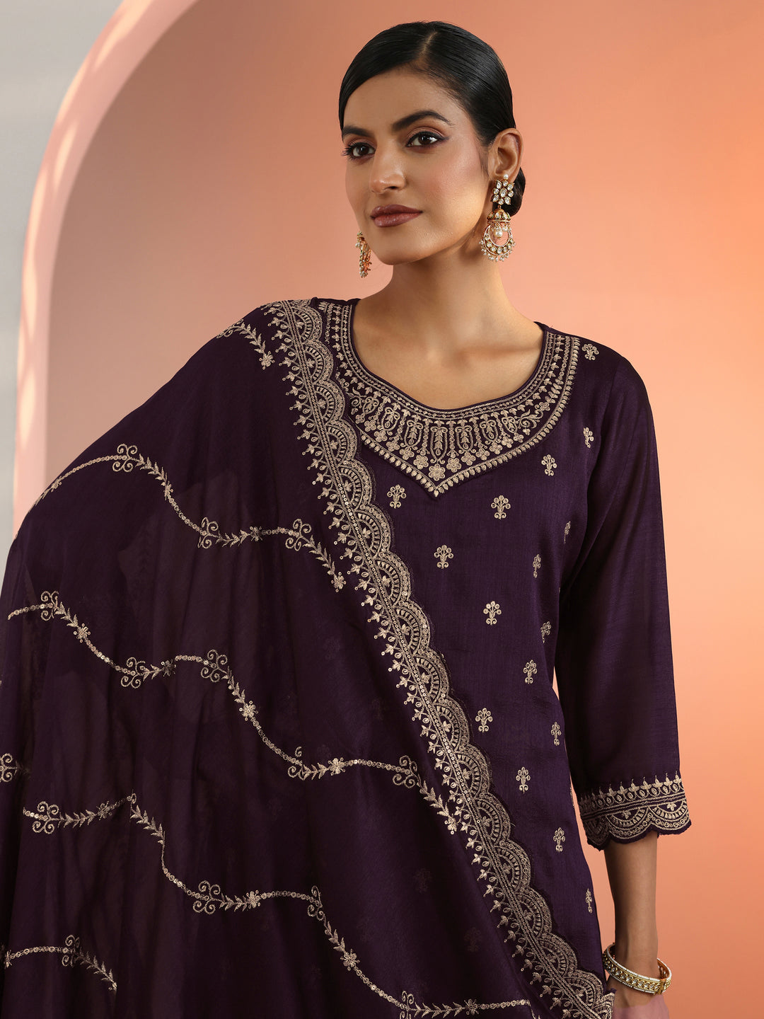  Purple Embroidered Chinon Straight Suit Set With Dupatta 