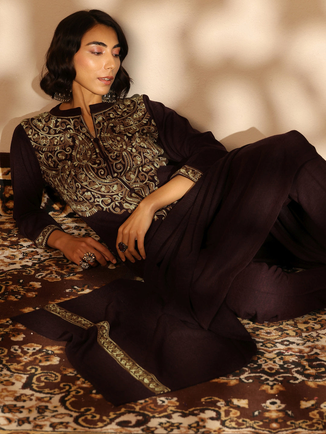  Burgundy Embroidered Wool Straight Suit Set With Dupatta 