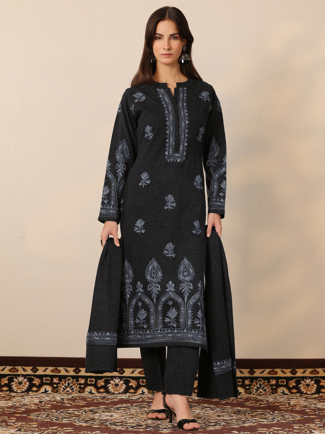  Grey Embroidered Wool Straight Suit Set With Dupatta 