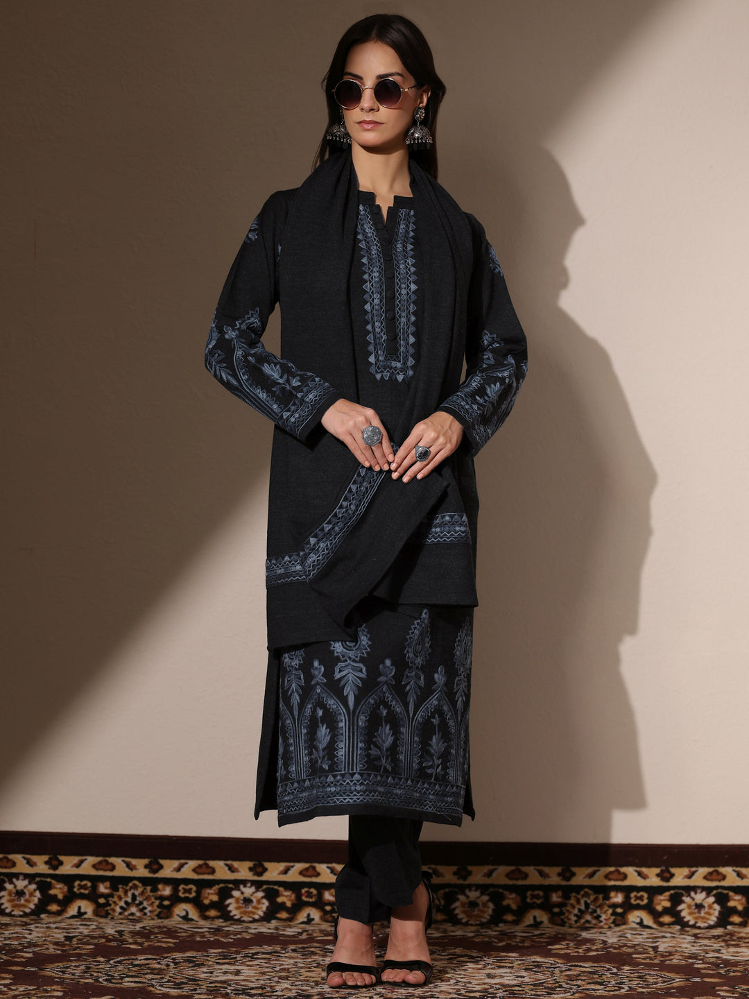  Grey Embroidered Wool Straight Suit Set With Dupatta 