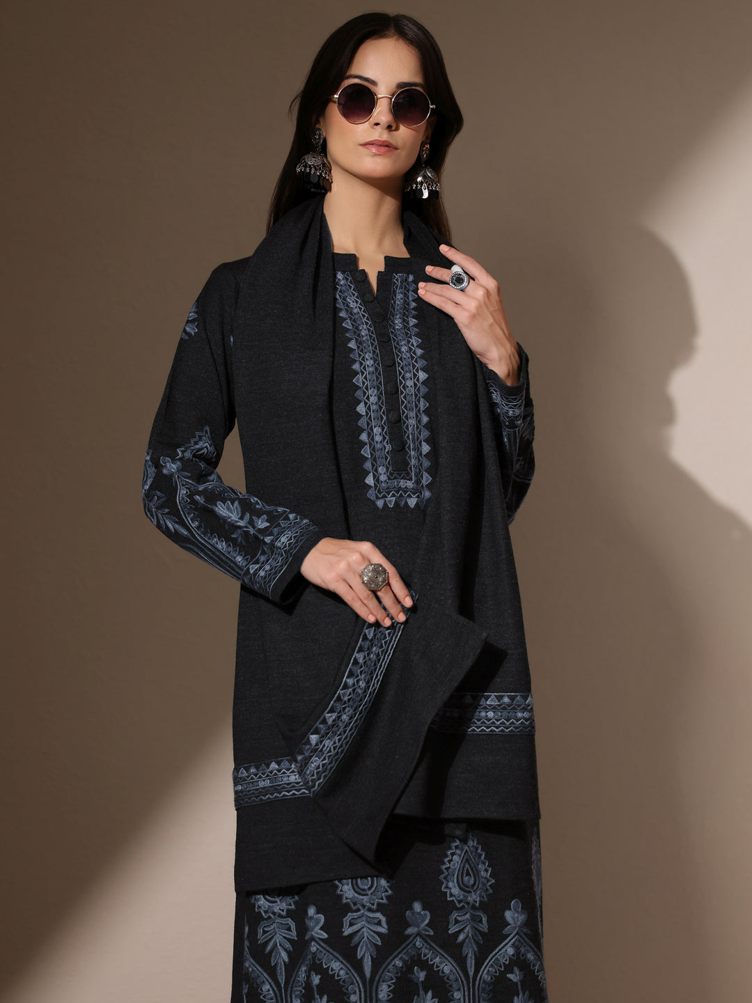  Grey Embroidered Wool Straight Suit Set With Dupatta 