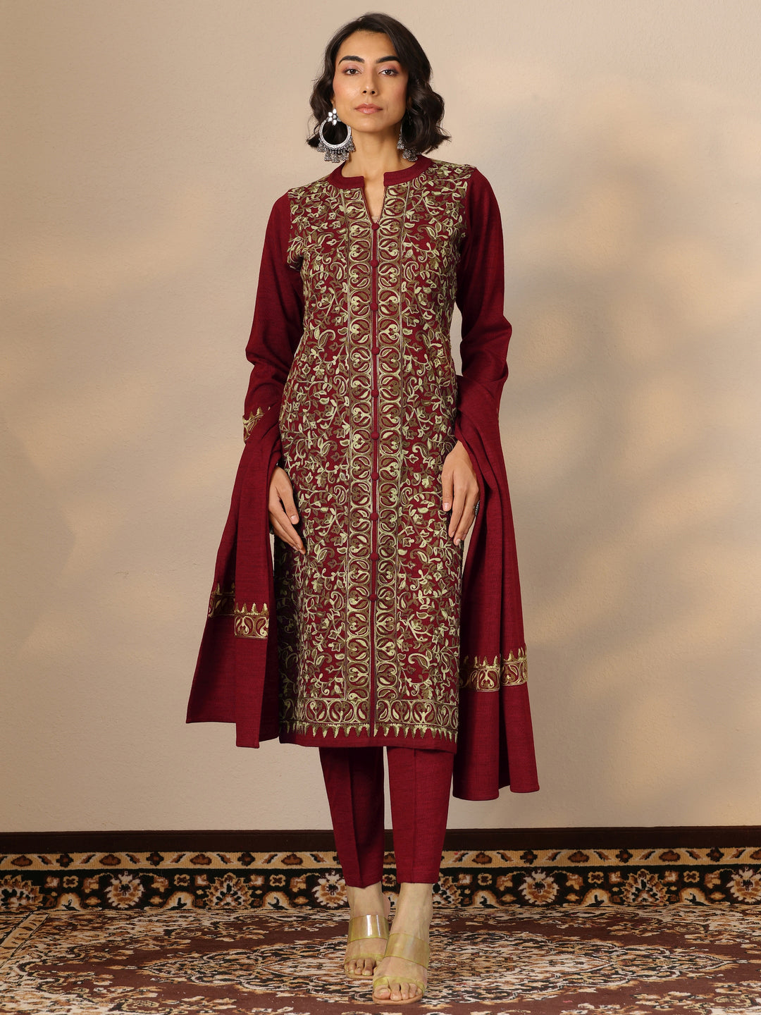  Red Embroidered Wool Straight Suit Set With Dupatta 