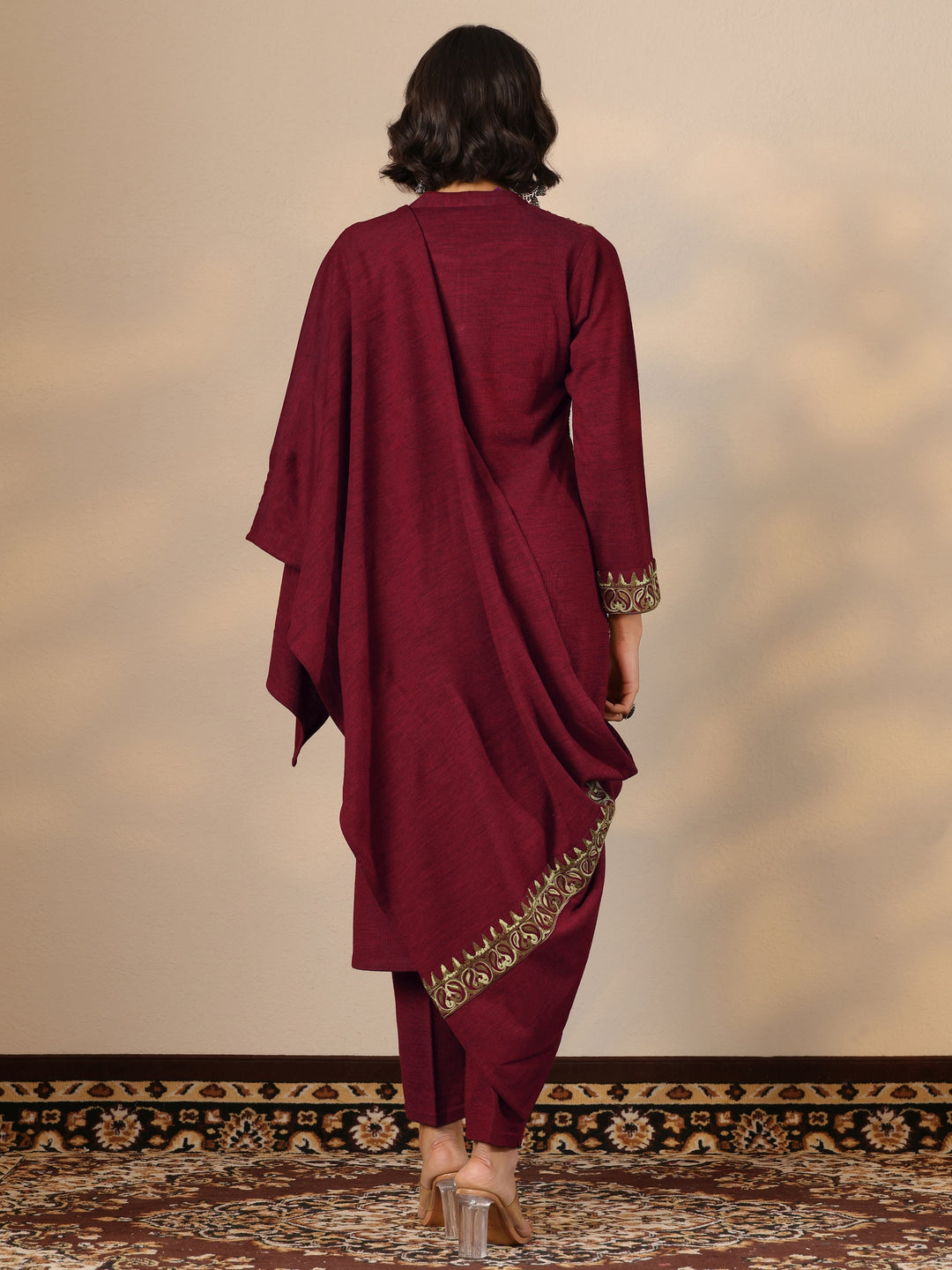  Red Embroidered Wool Straight Suit Set With Dupatta 