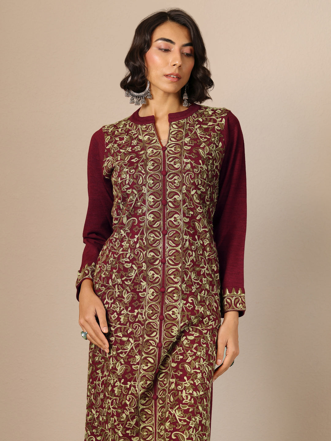  Red Embroidered Wool Straight Suit Set With Dupatta 