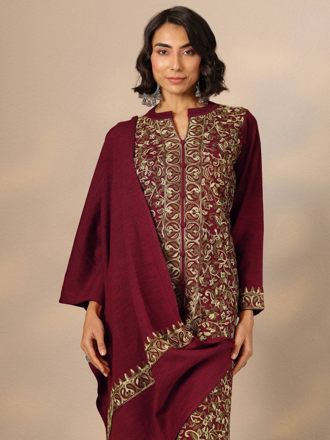  Red Embroidered Wool Straight Suit Set With Dupatta 