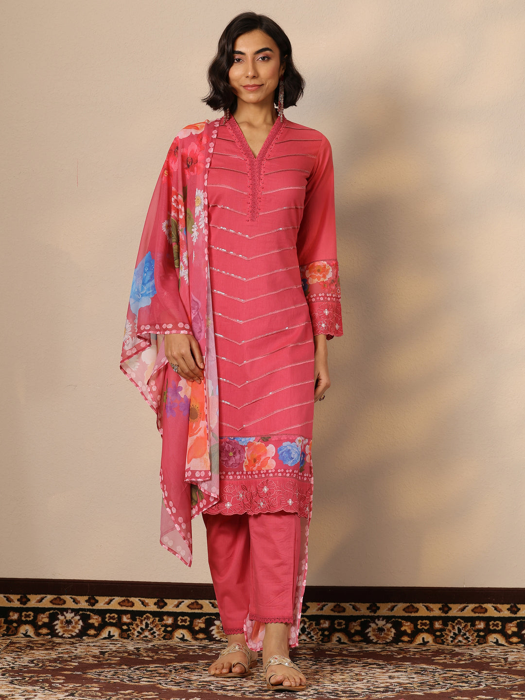  Pink Embroidered Cotton Straight Suit Set With Dupatta 