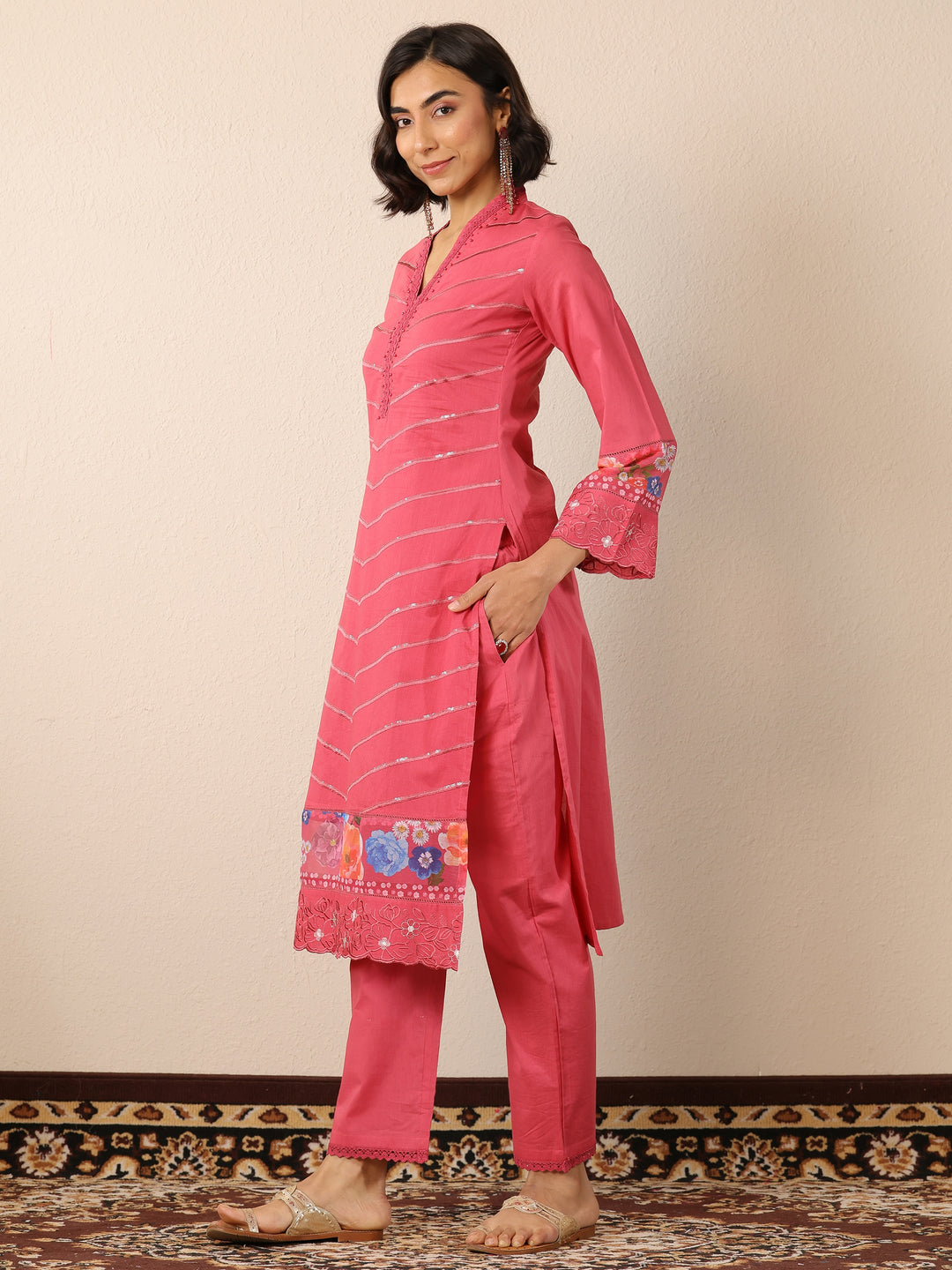  Pink Embroidered Cotton Straight Suit Set With Dupatta 