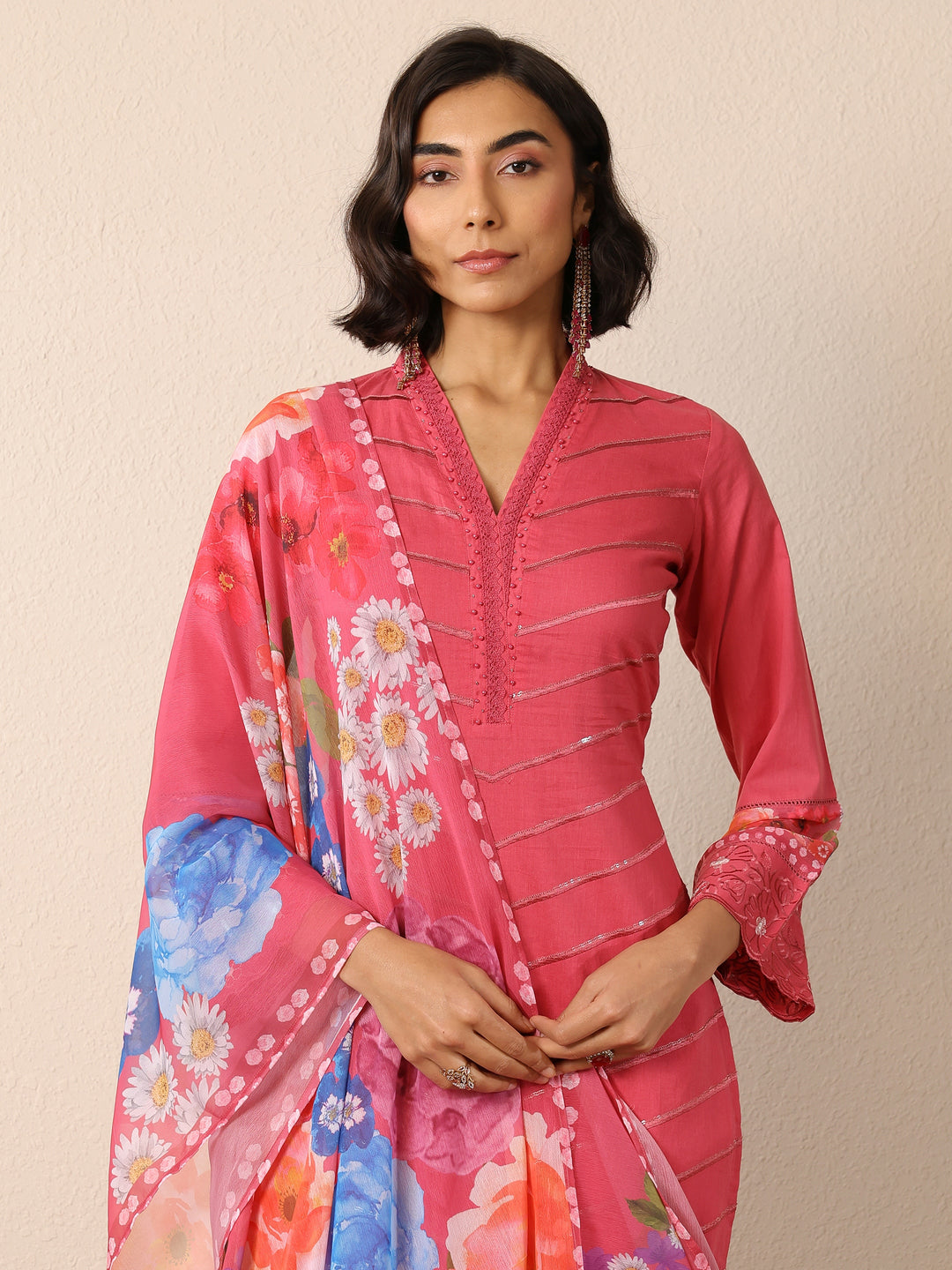  Pink Embroidered Cotton Straight Suit Set With Dupatta 