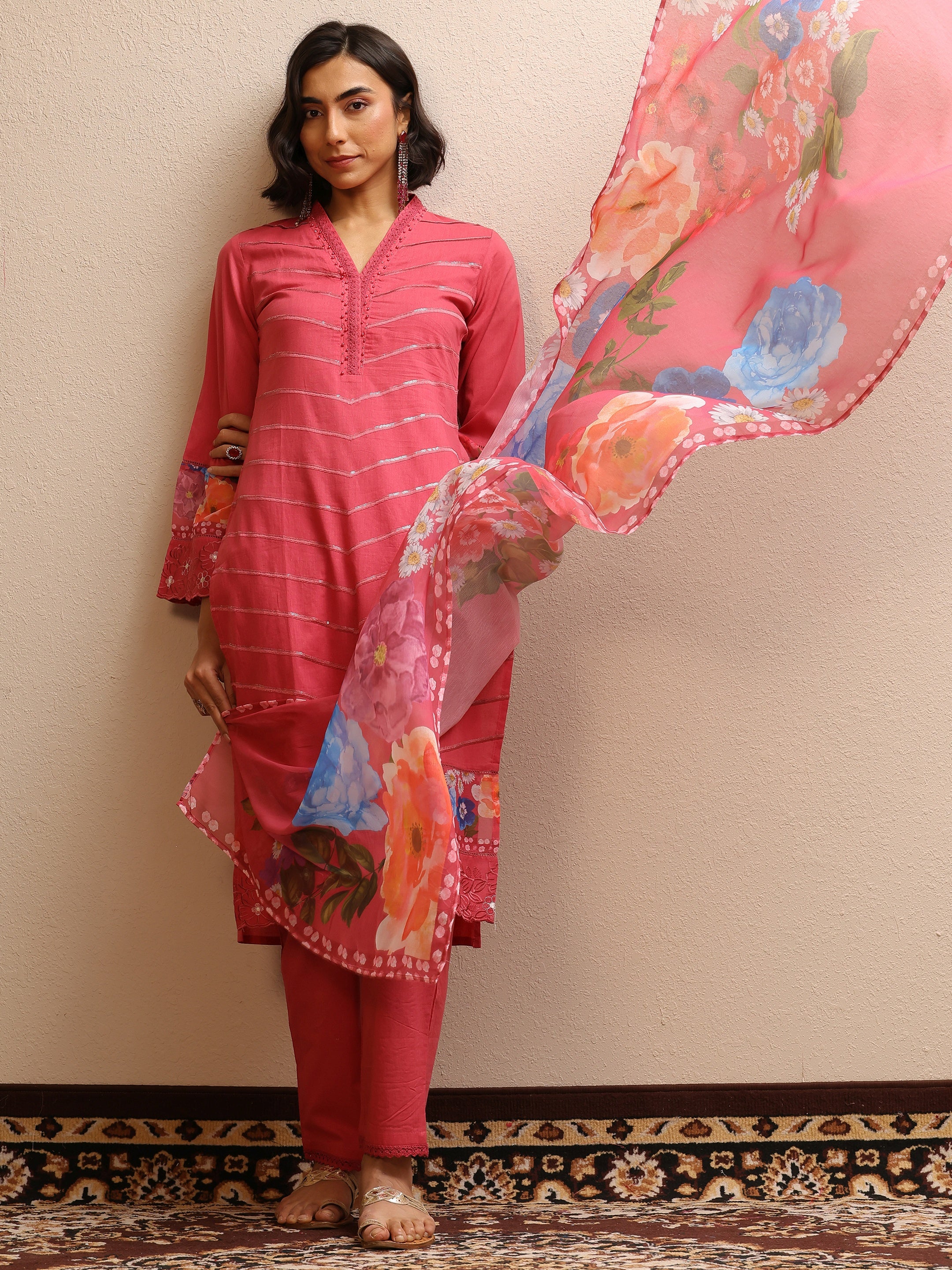 Pink Embroidered Cotton Straight Suit Set With Dupatta-image-40