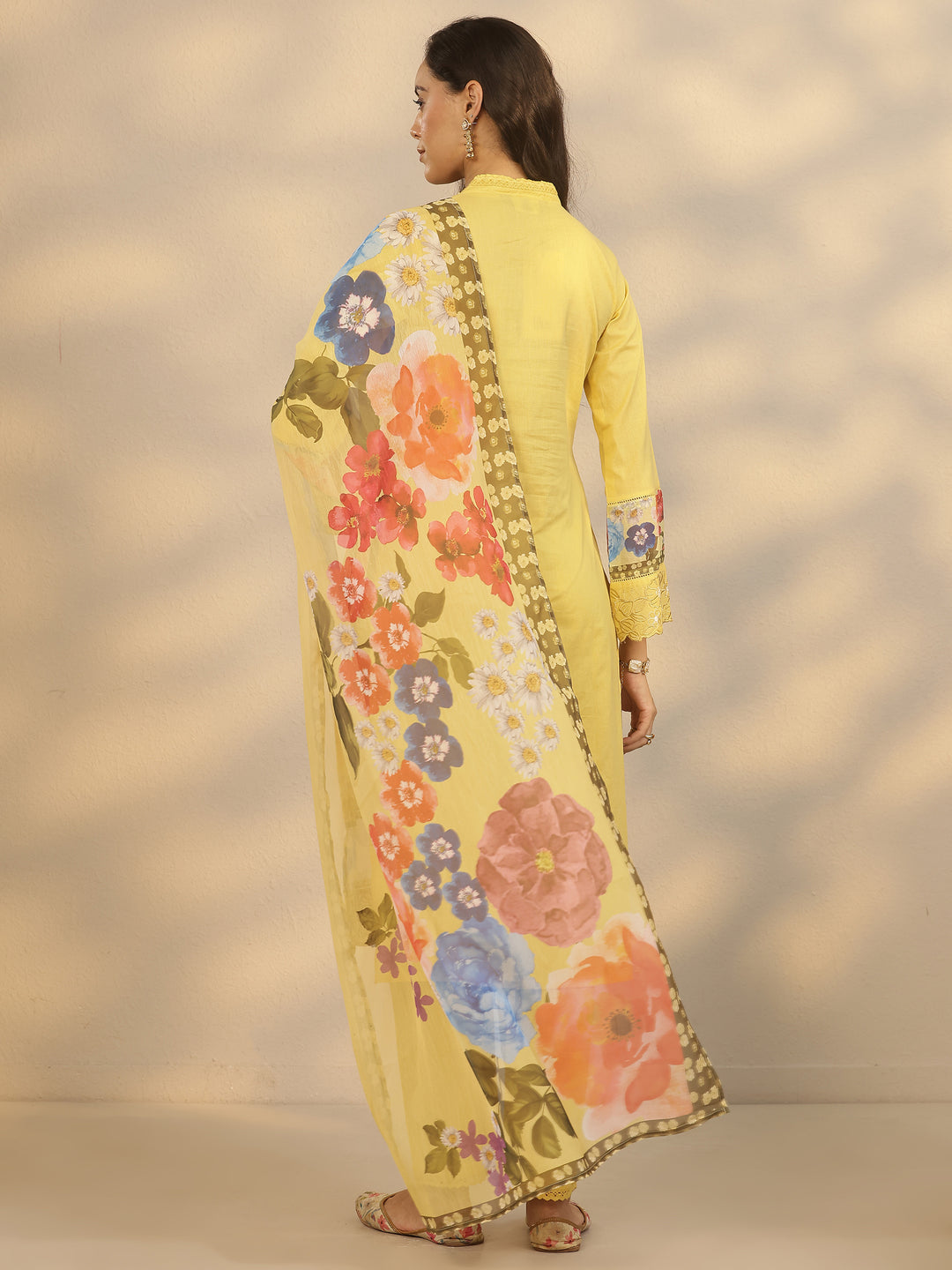  Yellow Printed Cotton Straight Suit Set With Dupatta 