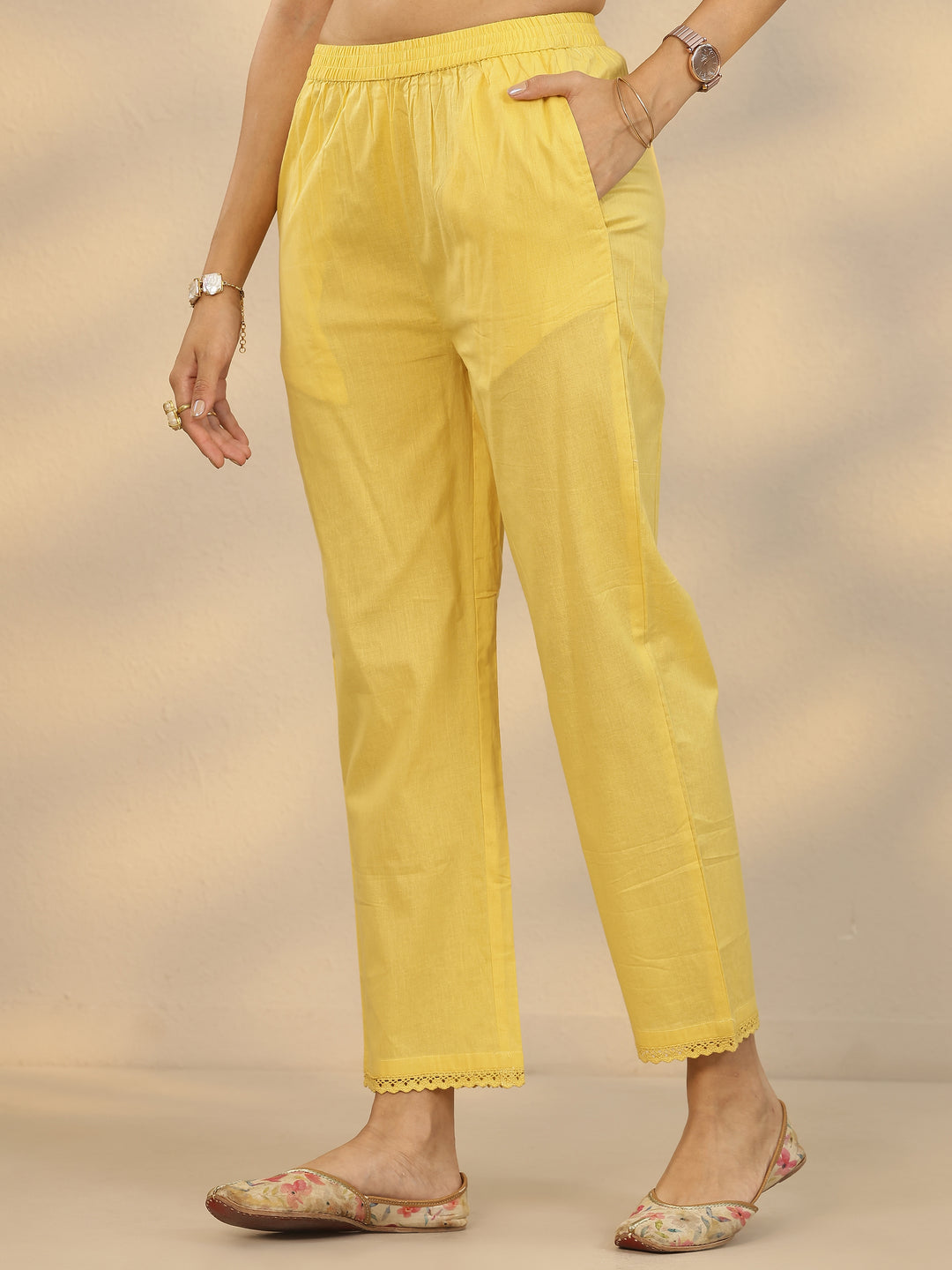 Yellow Printed Cotton Straight Suit Set With Dupatta 