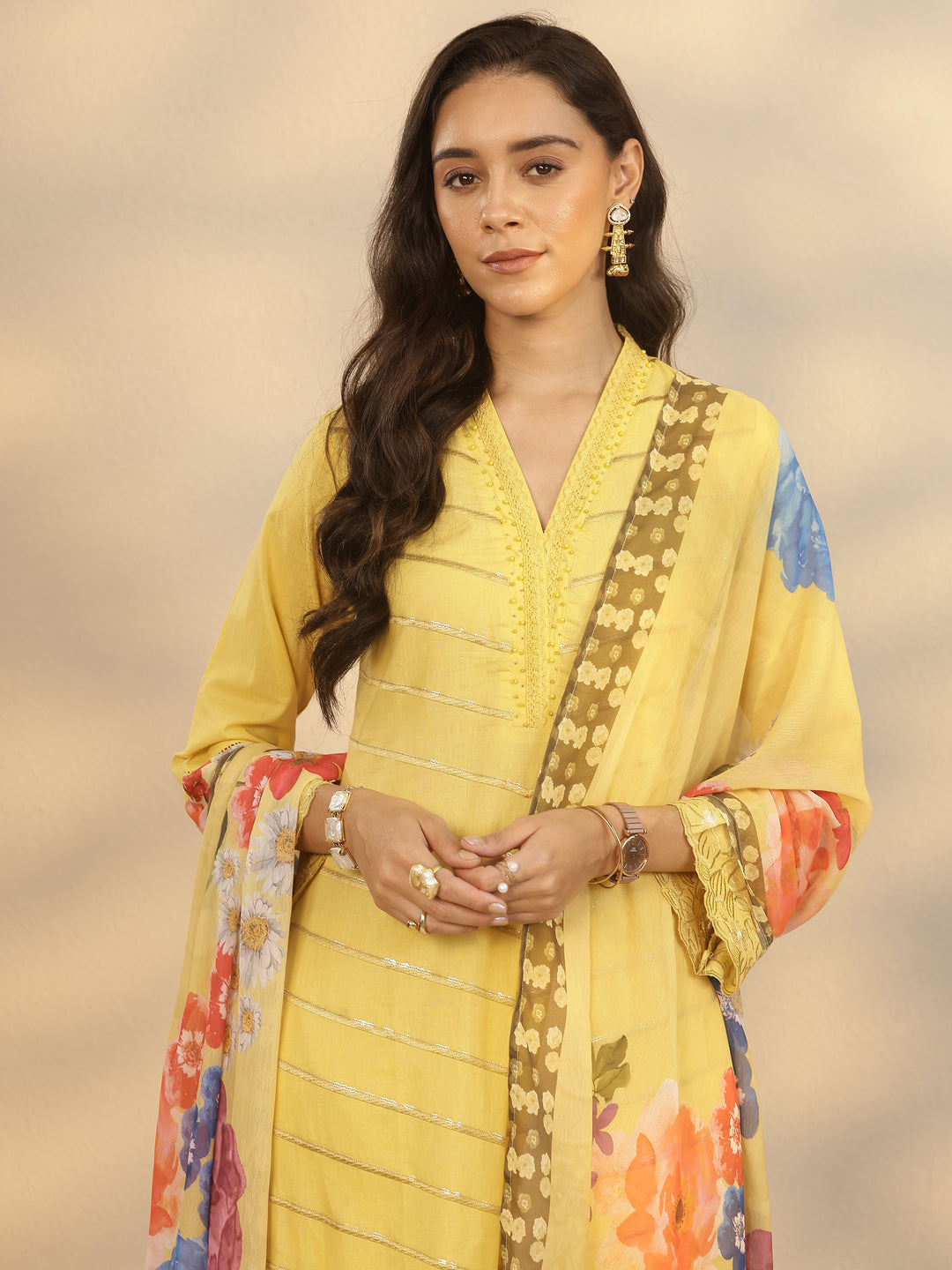  Yellow Printed Cotton Straight Suit Set With Dupatta 