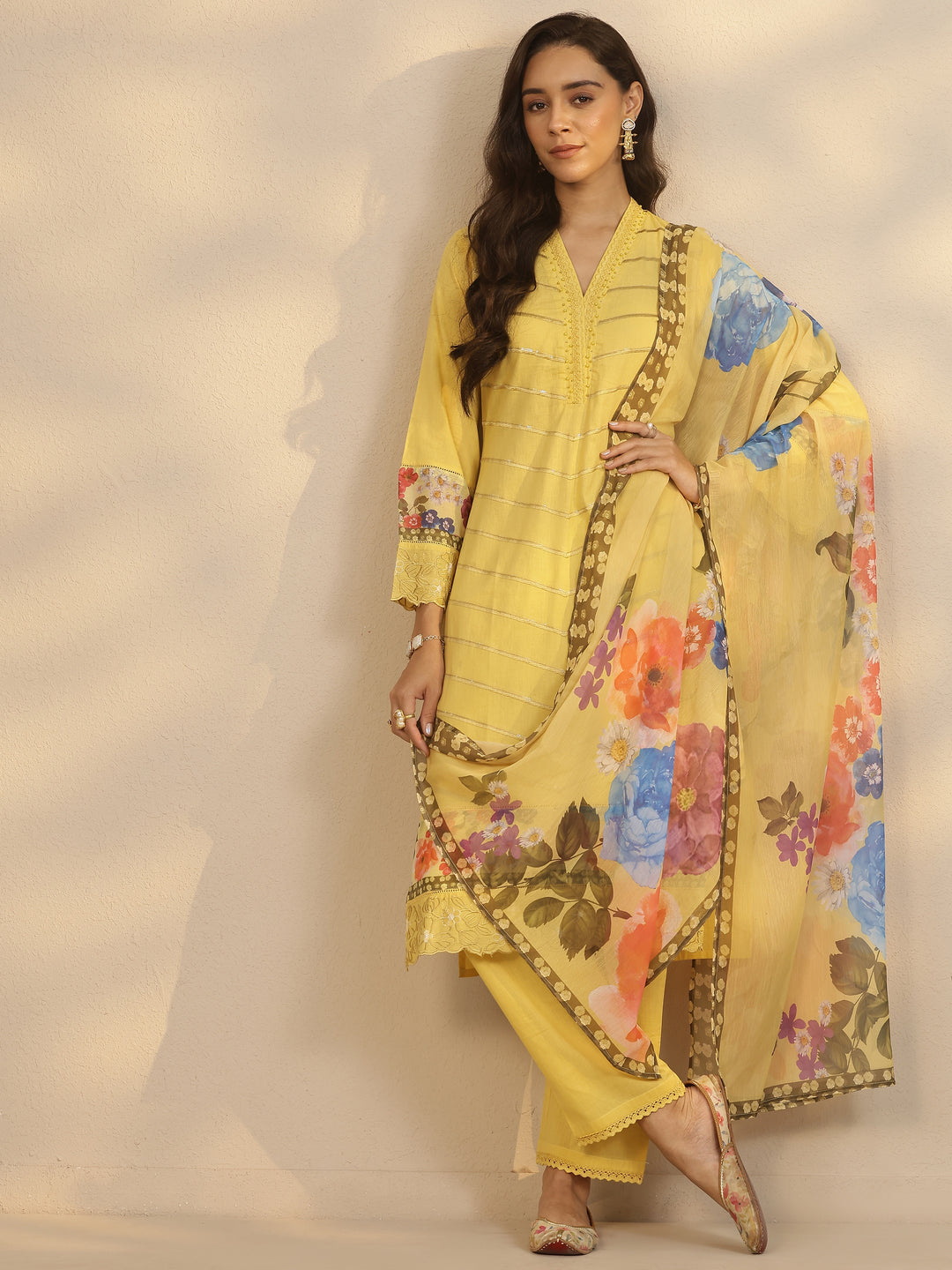  Yellow Printed Cotton Straight Suit Set With Dupatta 